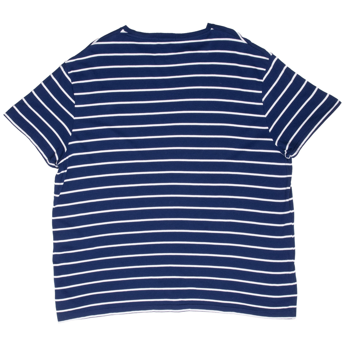 Back of Polo Ralph Lauren navy and white striped short-sleeve T-shirt
