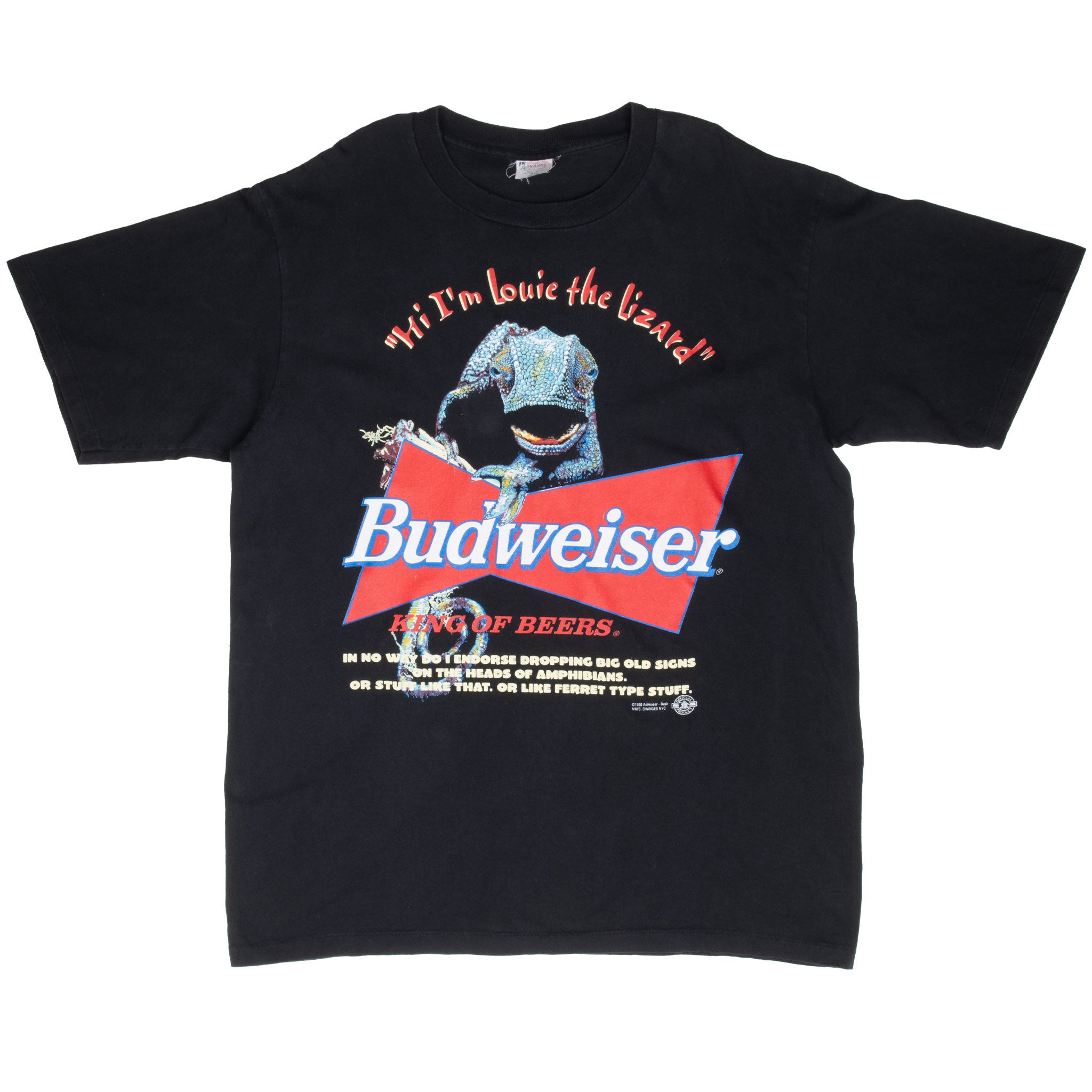 Full front view of black Budweiser Louie the Lizard T-shirt