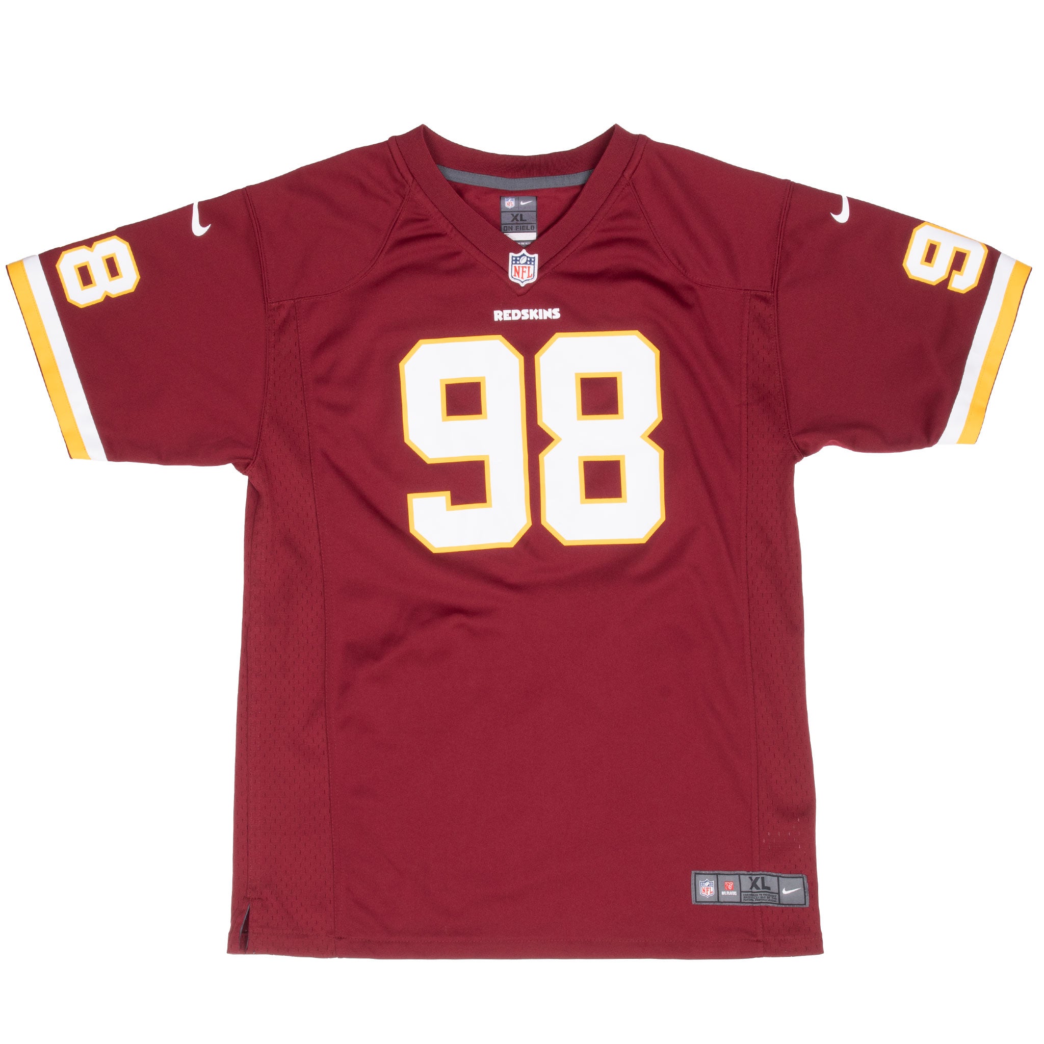 Front of burgundy Washington Redskins Nike youth jersey with white and gold number 98