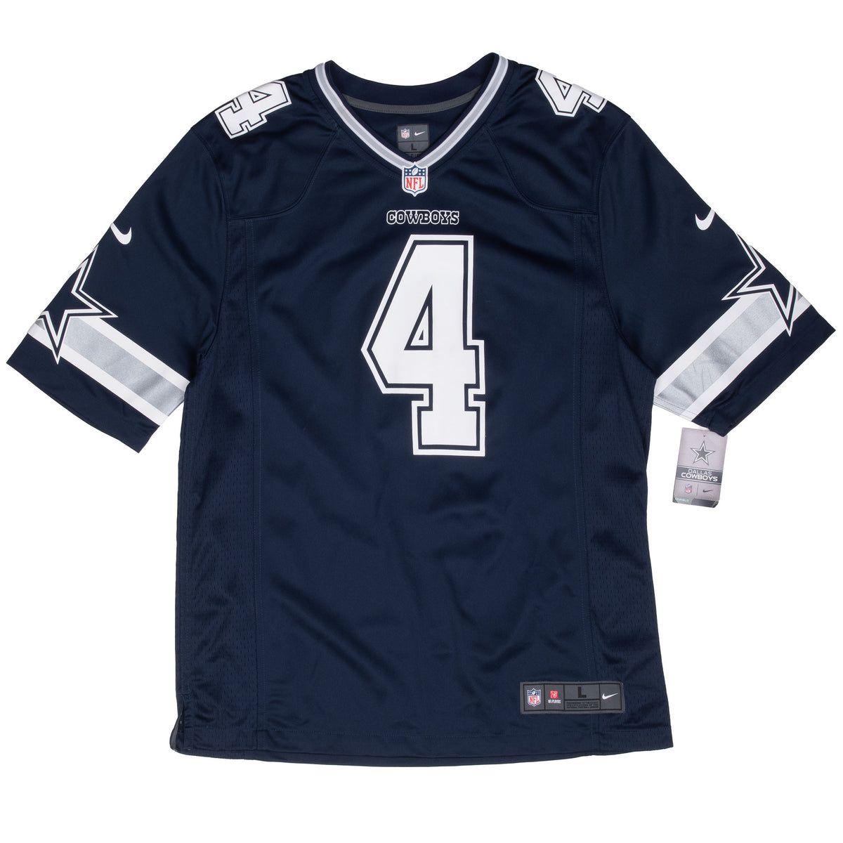 Front of navy Dallas Cowboys Dak Prescott #4 Nike jersey with star sleeve graphics
