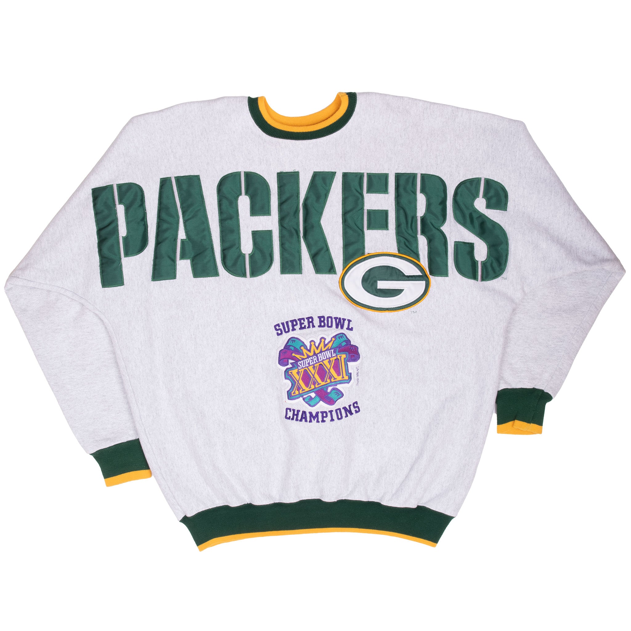 Full front of gray Packers sweatshirt with green and gold trim and Super Bowl XXXI graphic
