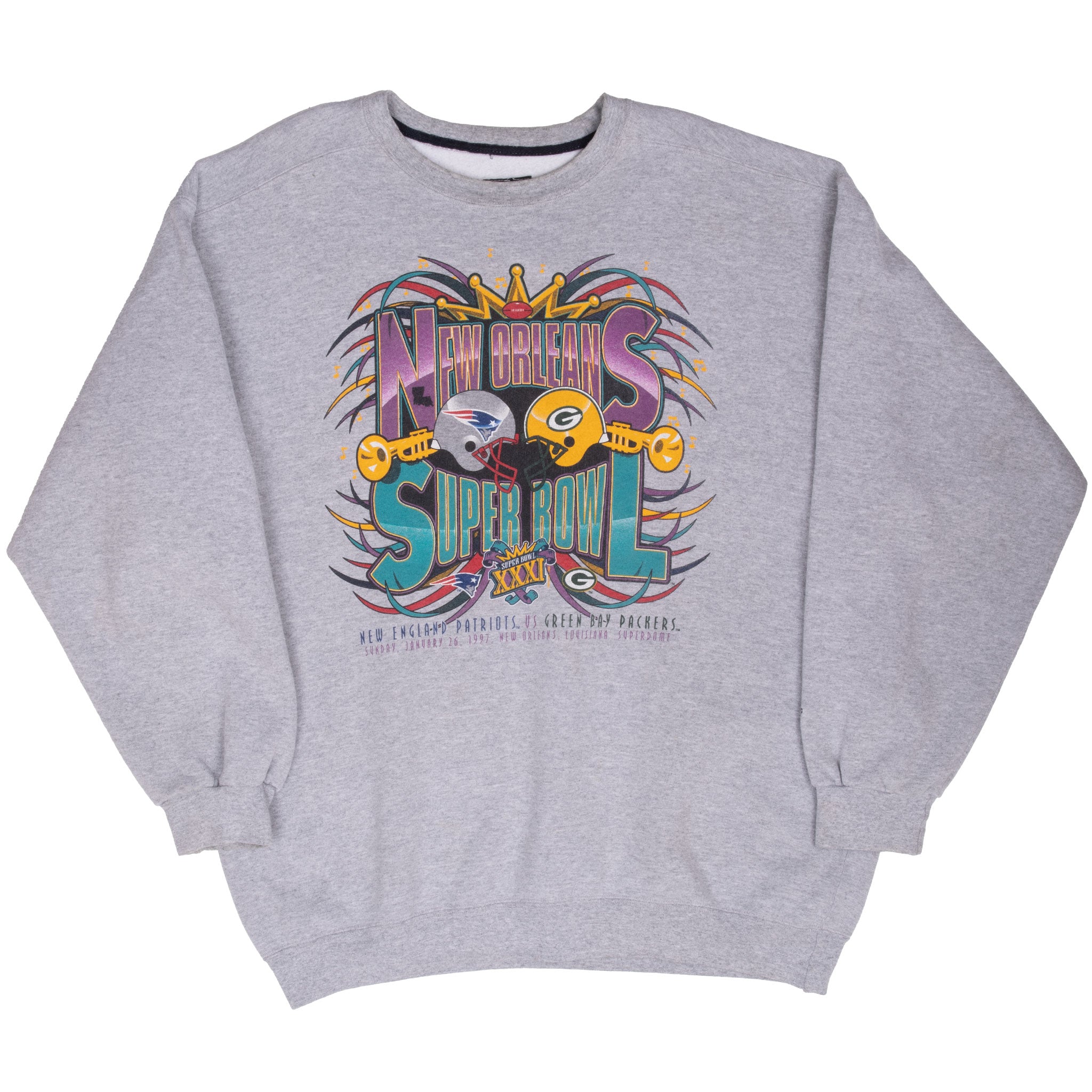 Full front view of gray Starter Packers vs. Patriots Super Bowl XXXI sweatshirt