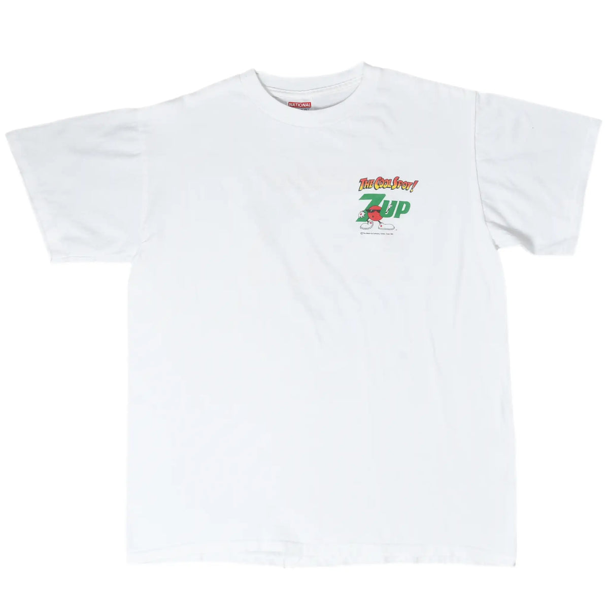 Front of white T-shirt with small 7UP Cool Spot character and logo graphic on the left chest