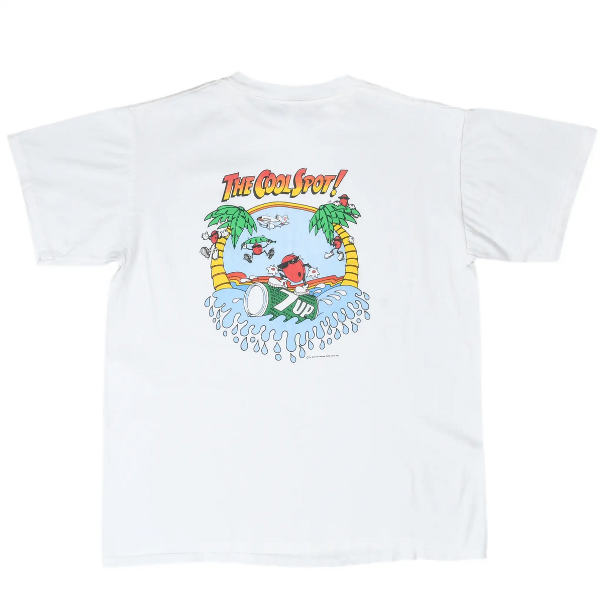 Full back of white T-shirt with 7UP Cool Spot tropical surfing graphic and United airplane