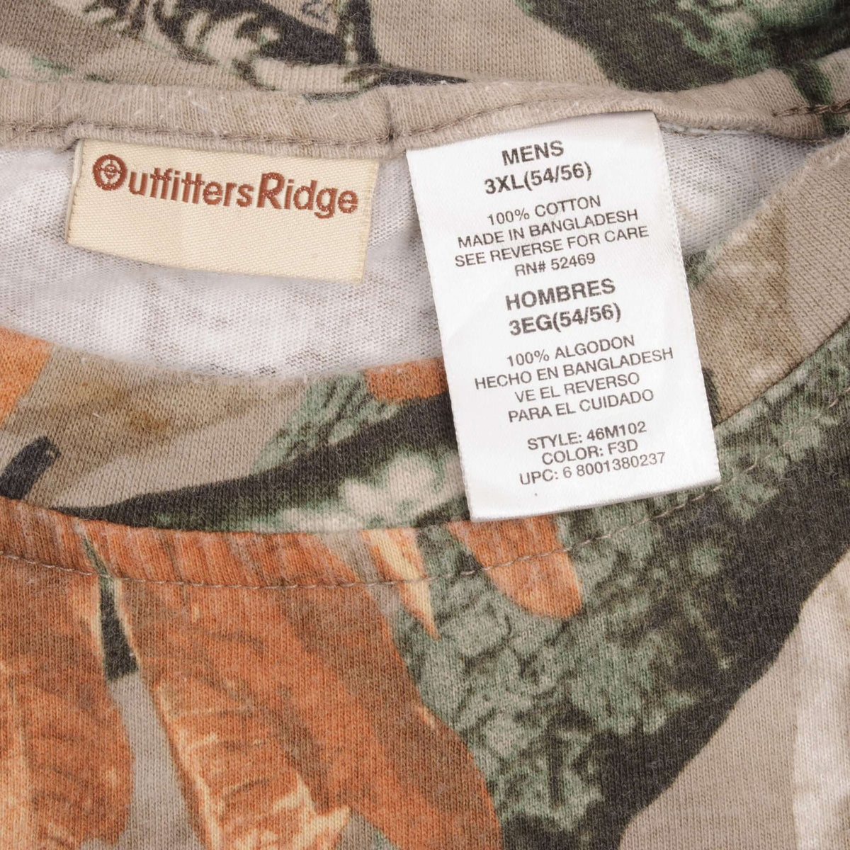Outfitters Ridge neck and care labels showing men's 3XL and 100% cotton