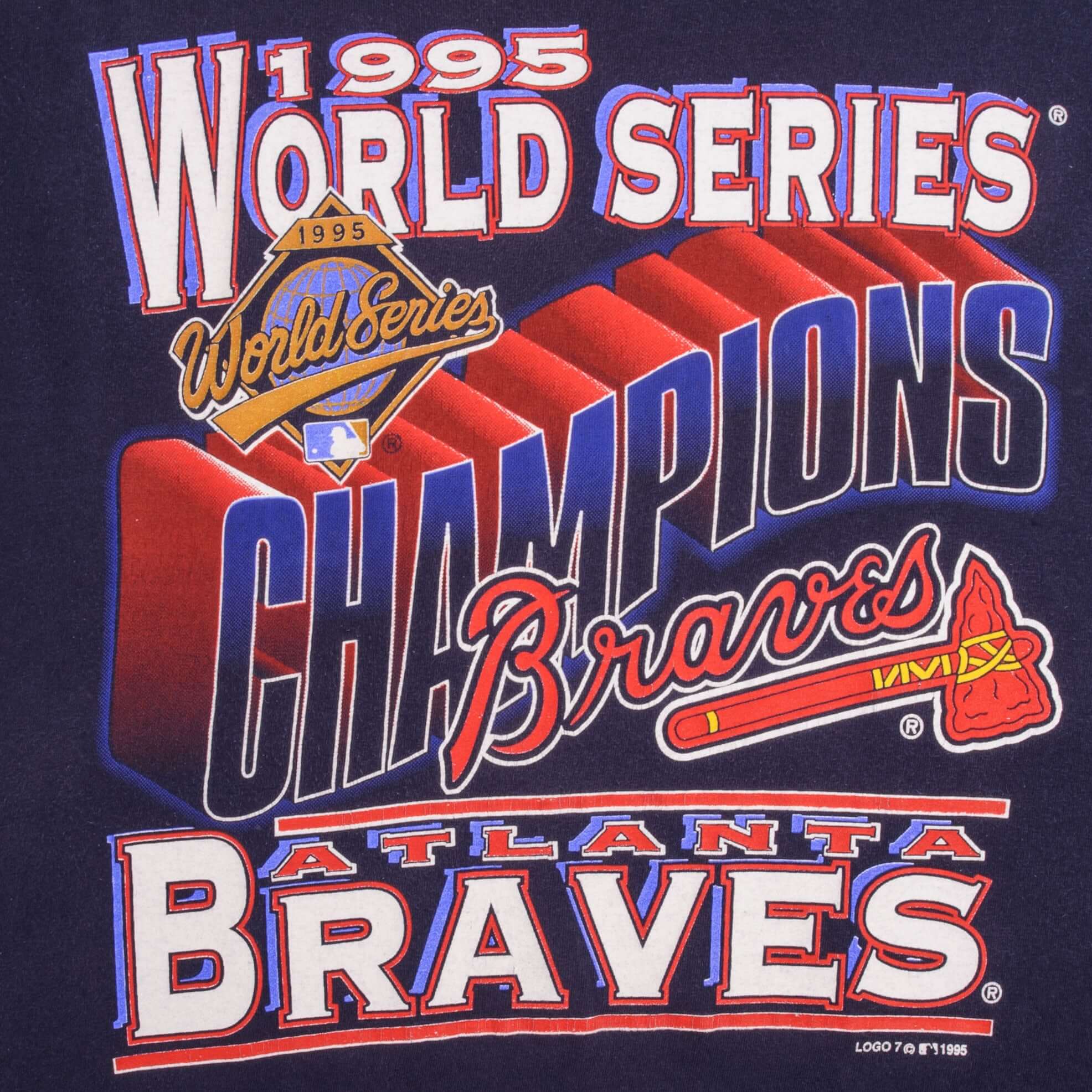 Vintage MLB Atlanta Braves World Champions 1995 Tee Shirt Size Medium Made In USA With Single Stitch Sleeves