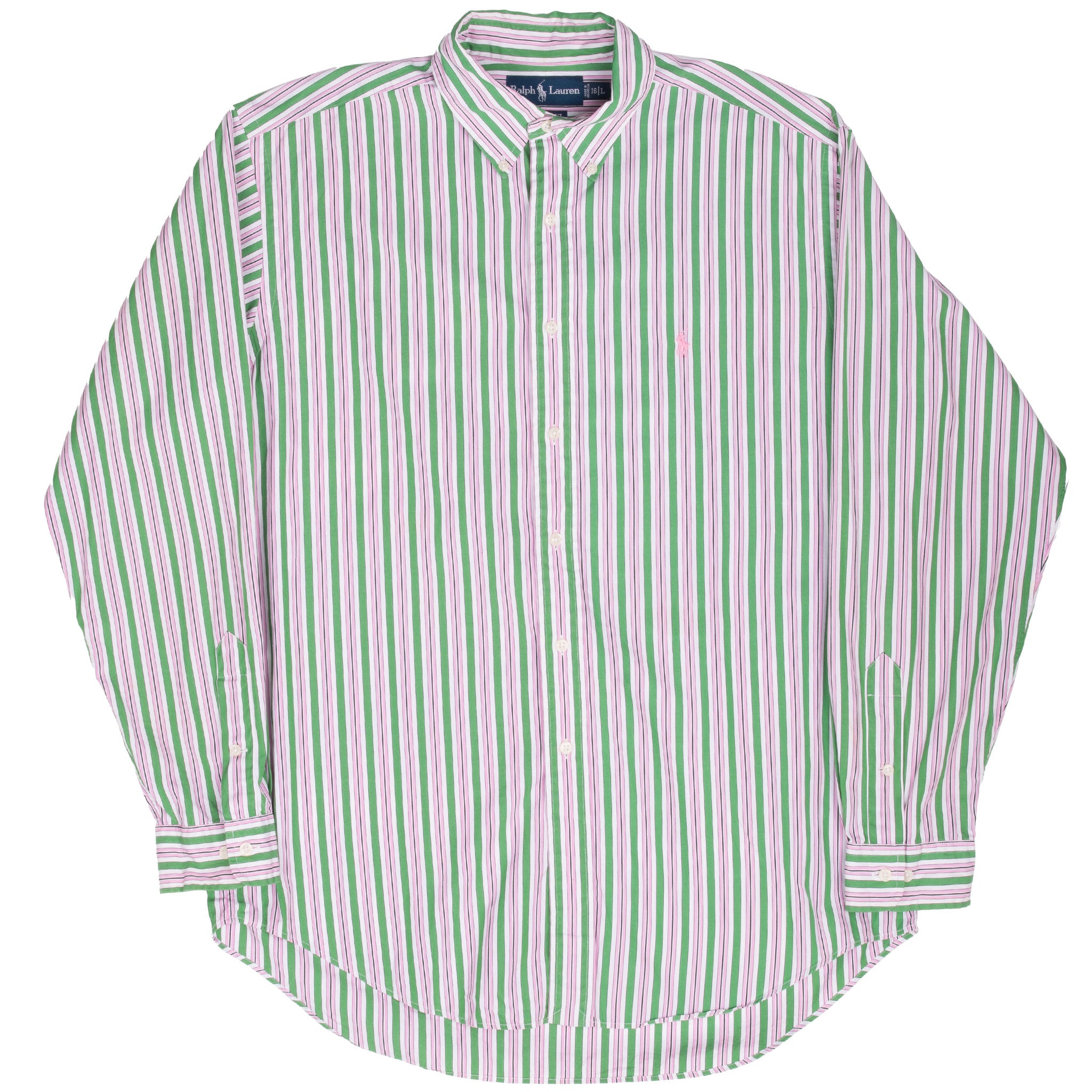 Vintage Ralph Lauren Classic Pink Green Striped Shirt 1990S Size Large