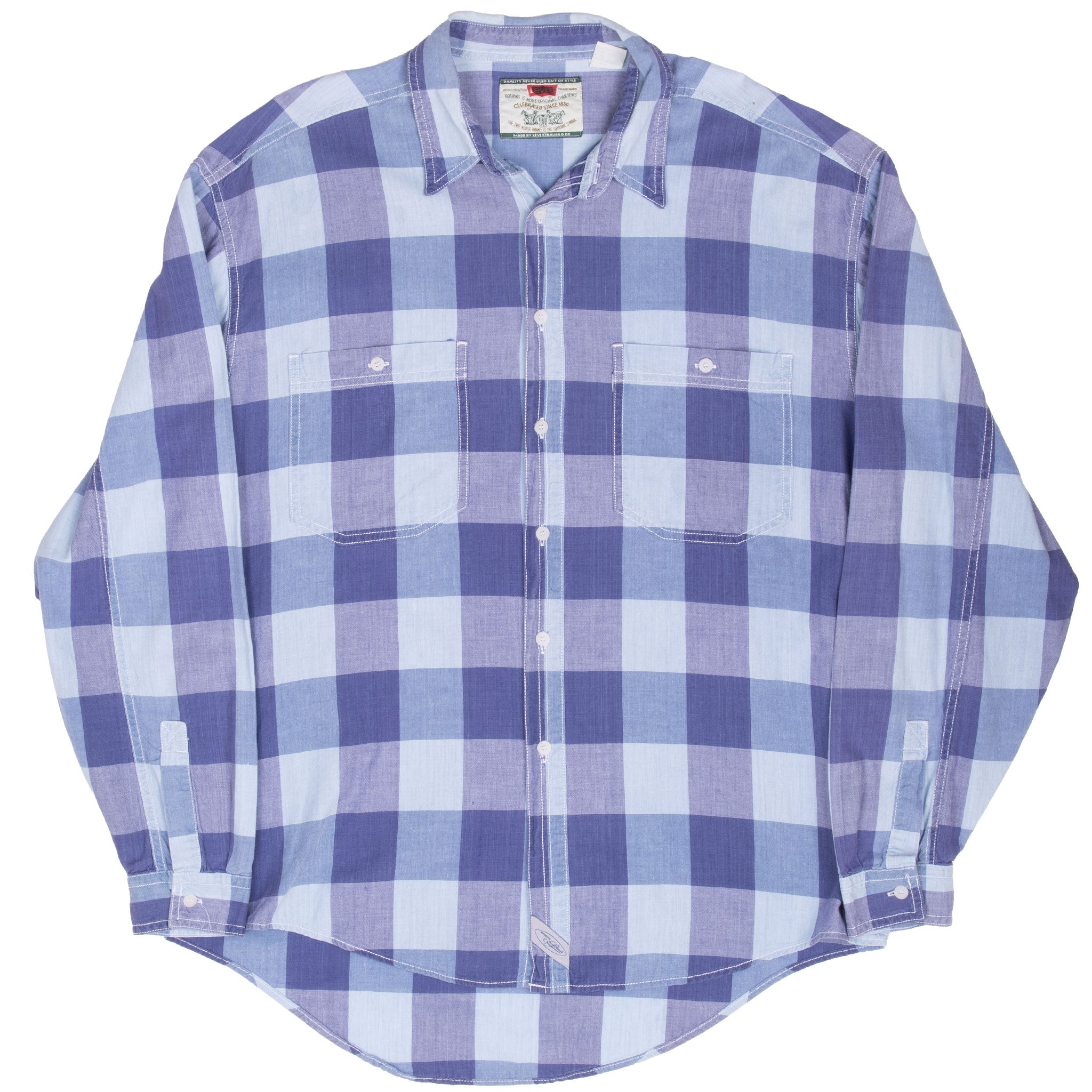 Full front view of Levi's blue large-check long-sleeve shirt