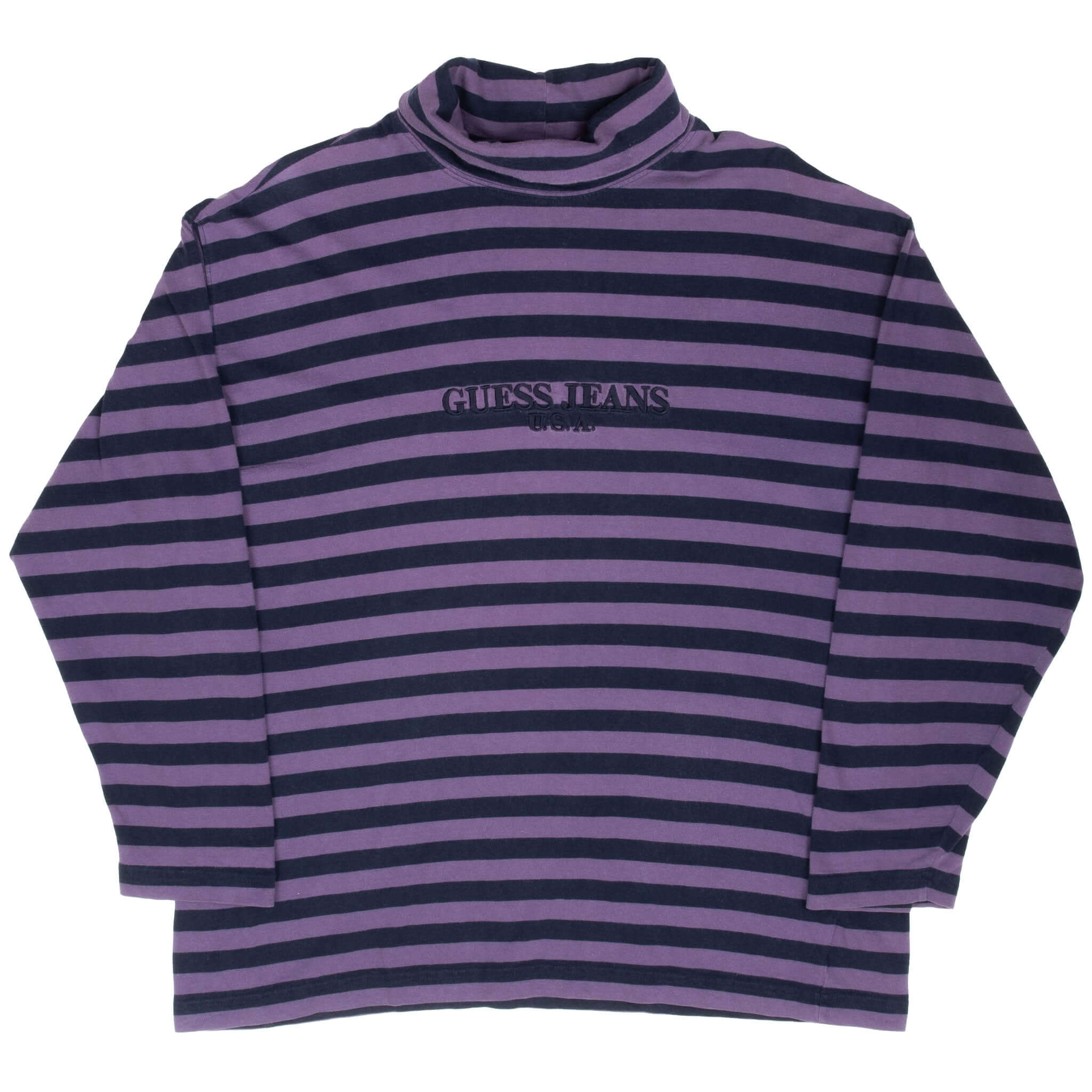 Front of purple and navy striped Guess Jeans long-sleeve turtleneck