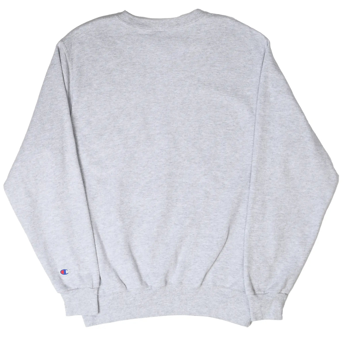 Back of gray Champion crewneck sweatshirt with a small logo on the left sleeve