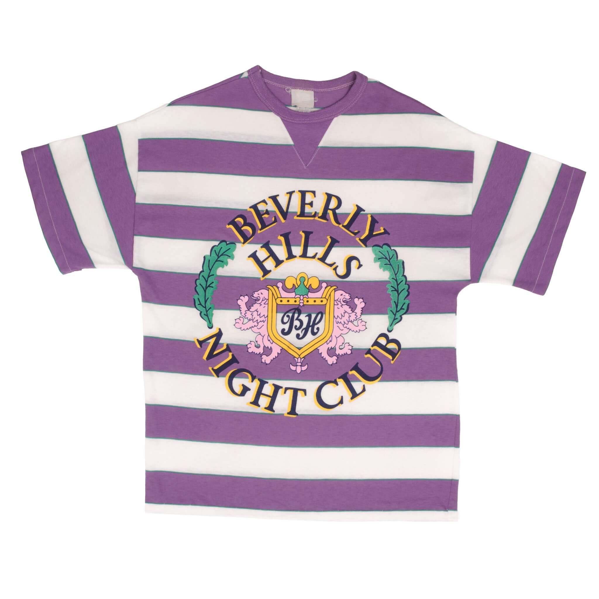 Front of purple and white striped Beverly Hills Night Club graphic T-shirt