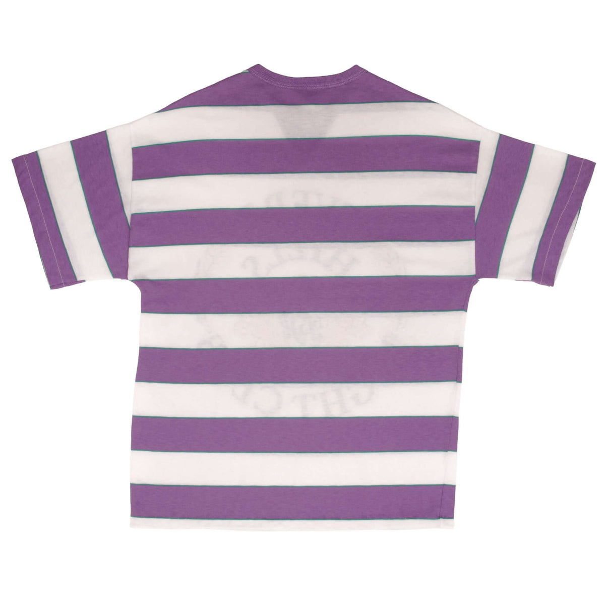 Back of purple and white striped Beverly Hills Night Club T-shirt
