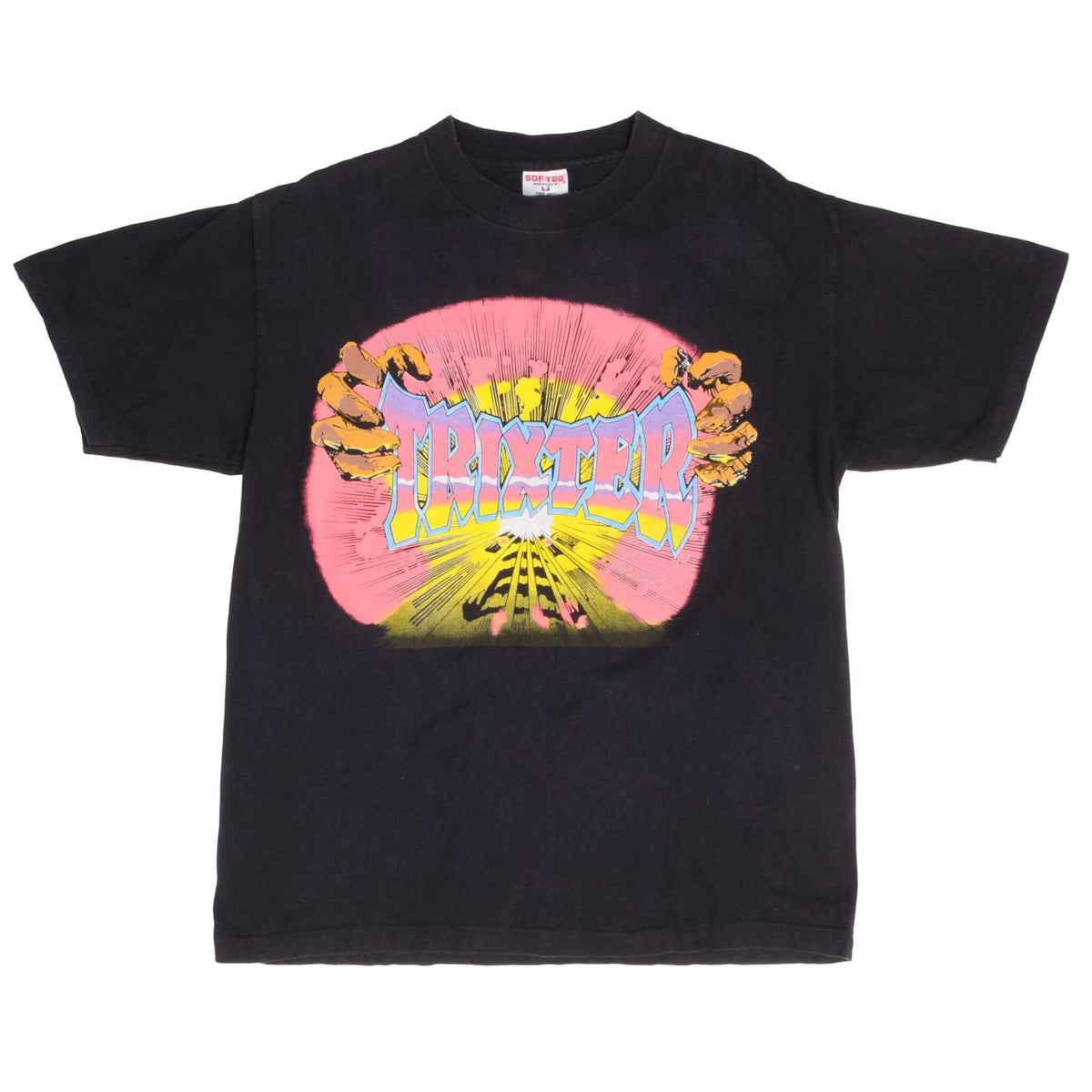 Full front of black Trixter T-shirt with colorful hands and burst logo graphic