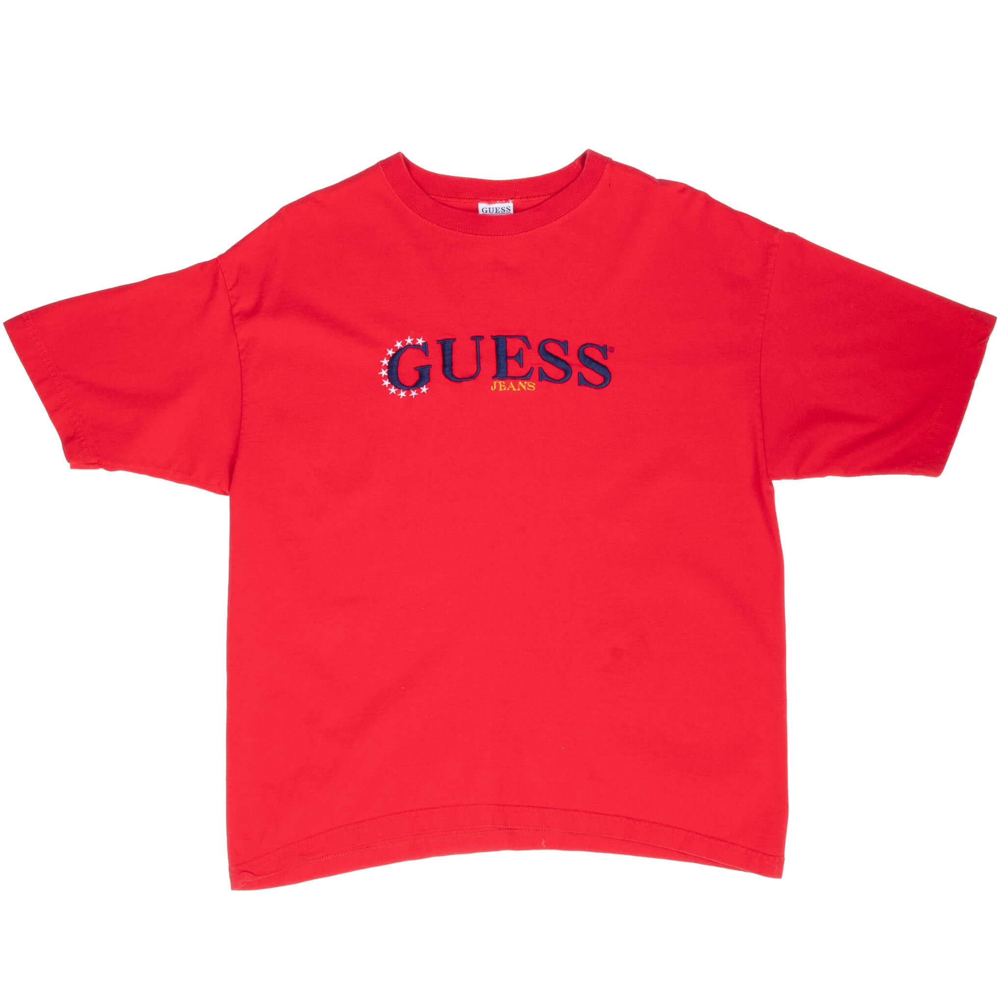 Full front view of red Guess Jeans embroidered logo T-shirt