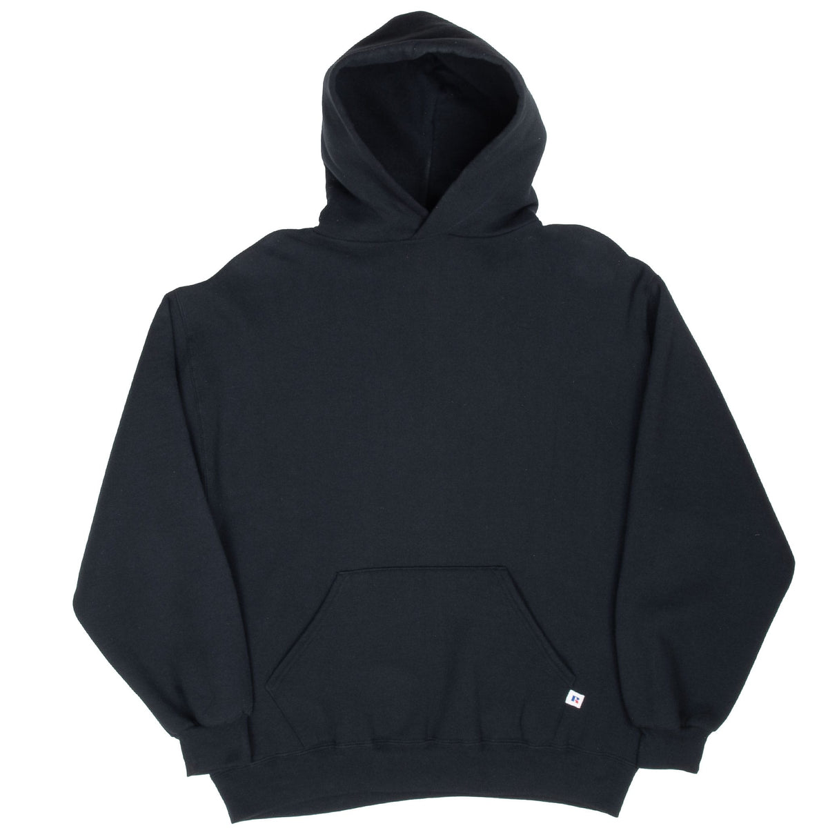 Front view of black Russell Athletic blank hoodie with drawstring-free hood