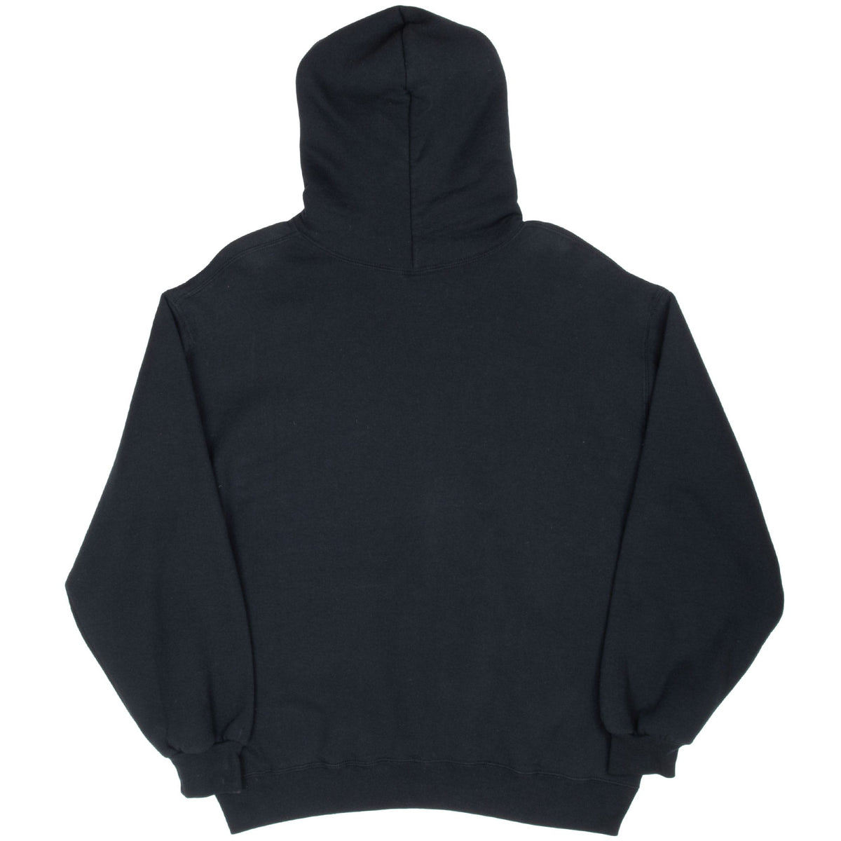 Back of black Russell Athletic pullover hoodie with plain graphic-free body