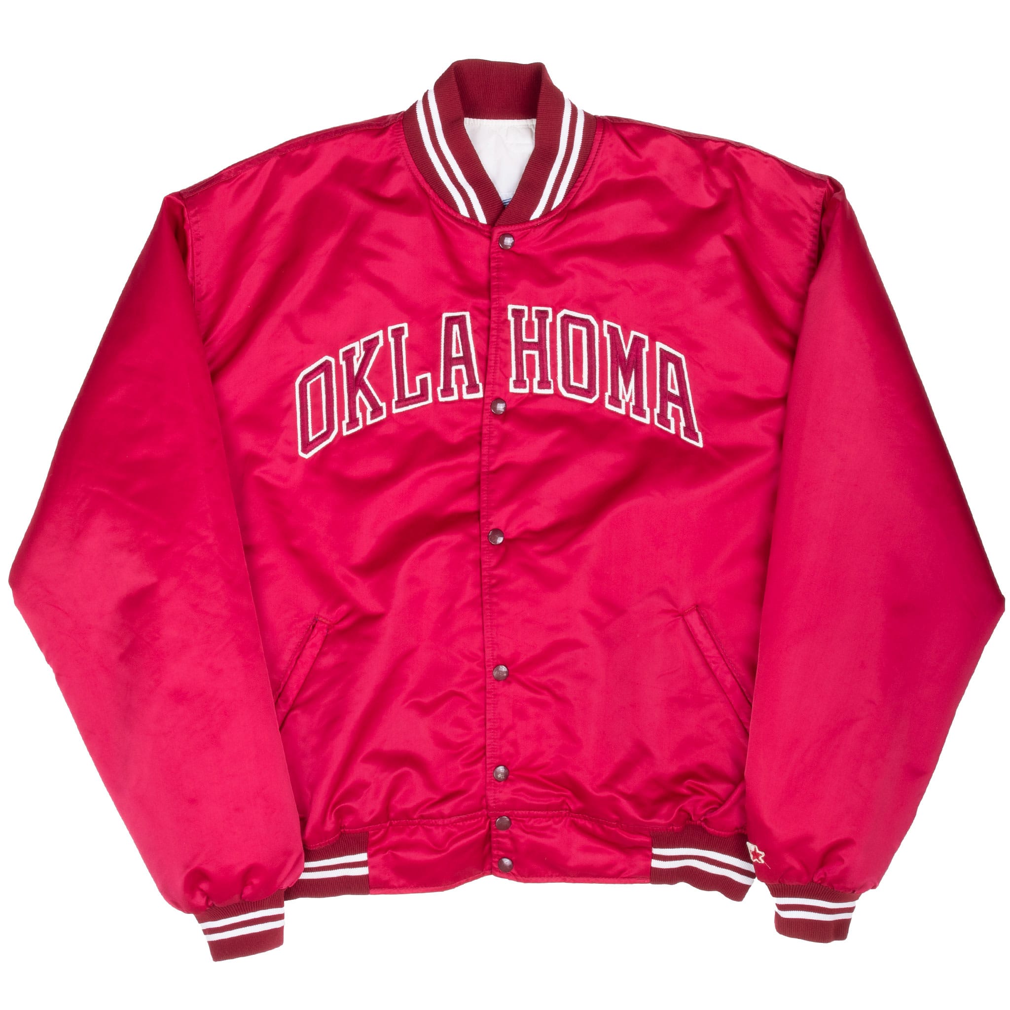 Vintage Oklahoma Red Satin Bomber Starter Jacket 1980S Size 2XL Made In Usa