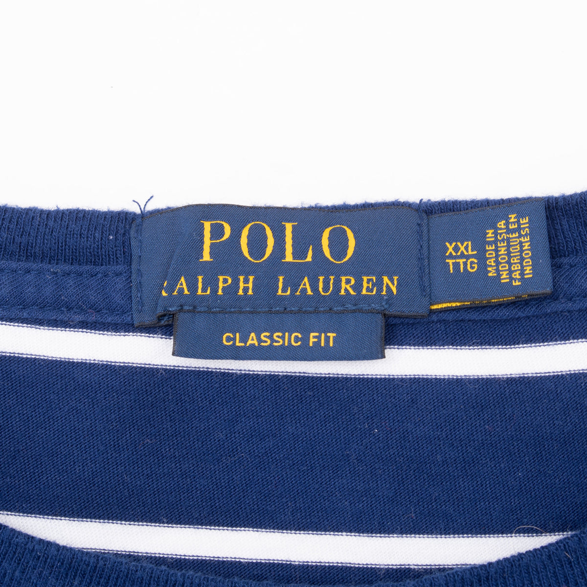 Polo Ralph Lauren Classic Fit XXL neck label on navy and white striped T-shirt