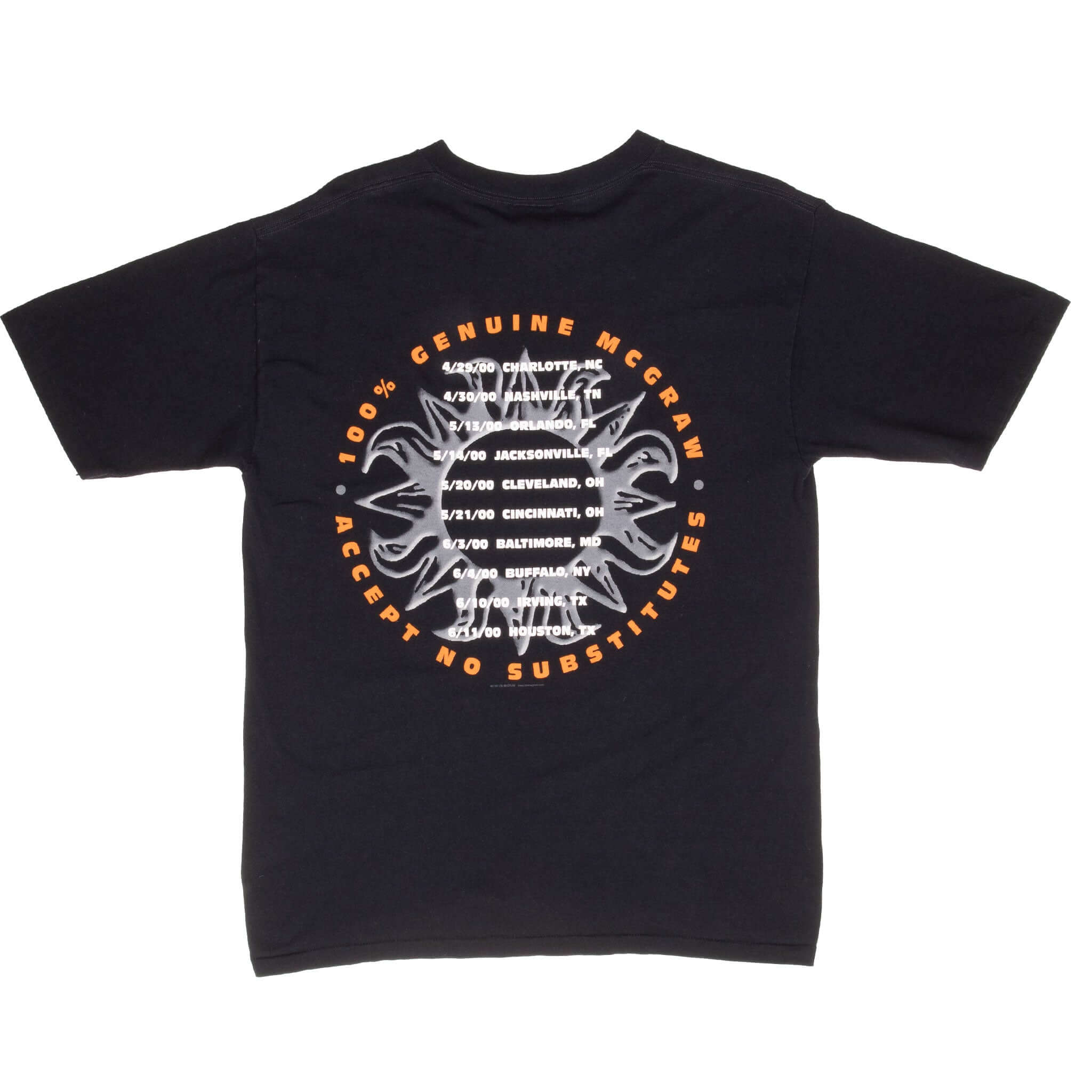 Back of black Tim McGraw tour T-shirt with 2000 concert dates and circular graphic