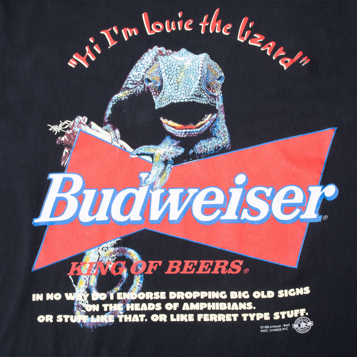Close-up of Budweiser graphic featuring Louie the Lizard and red bow tie logo