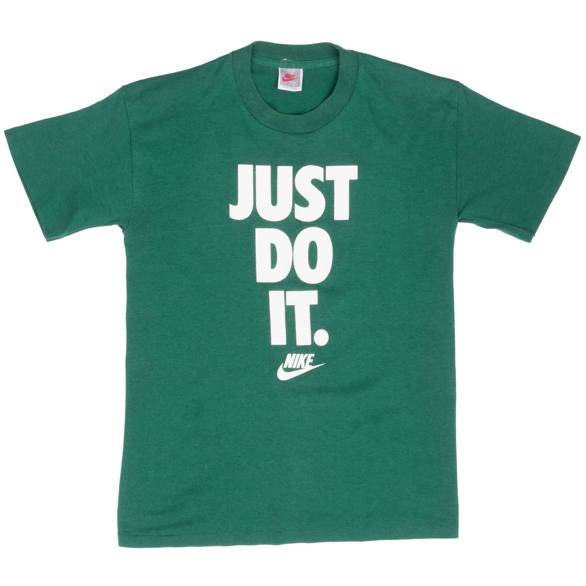 Front of green Nike T-shirt with white stacked Just Do It graphic and Swoosh