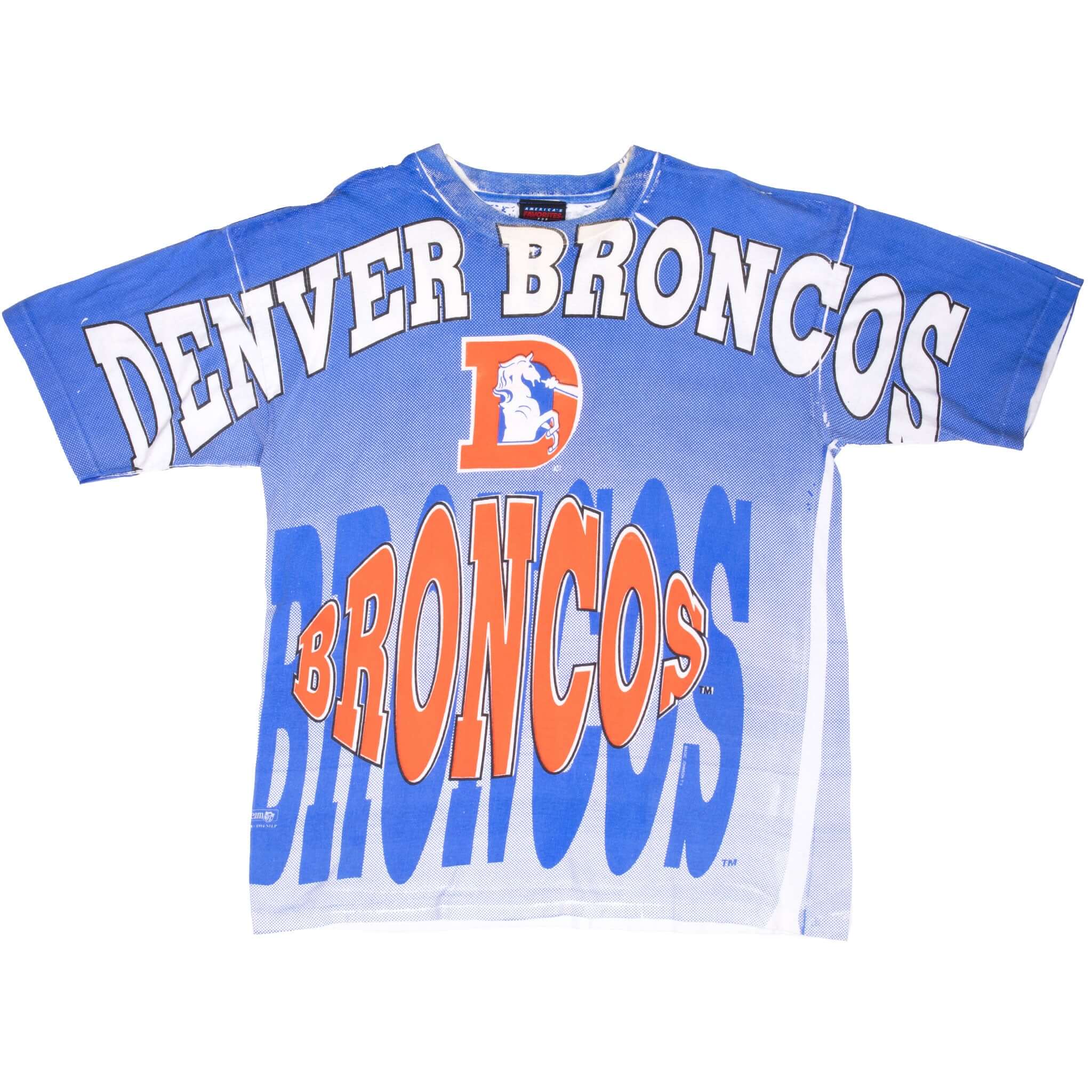 Vintage Nfl Denver Broncos All Over Print 1994 Magic Johnson T's Tee Shirt Size XL With Single Stitch Sleeves