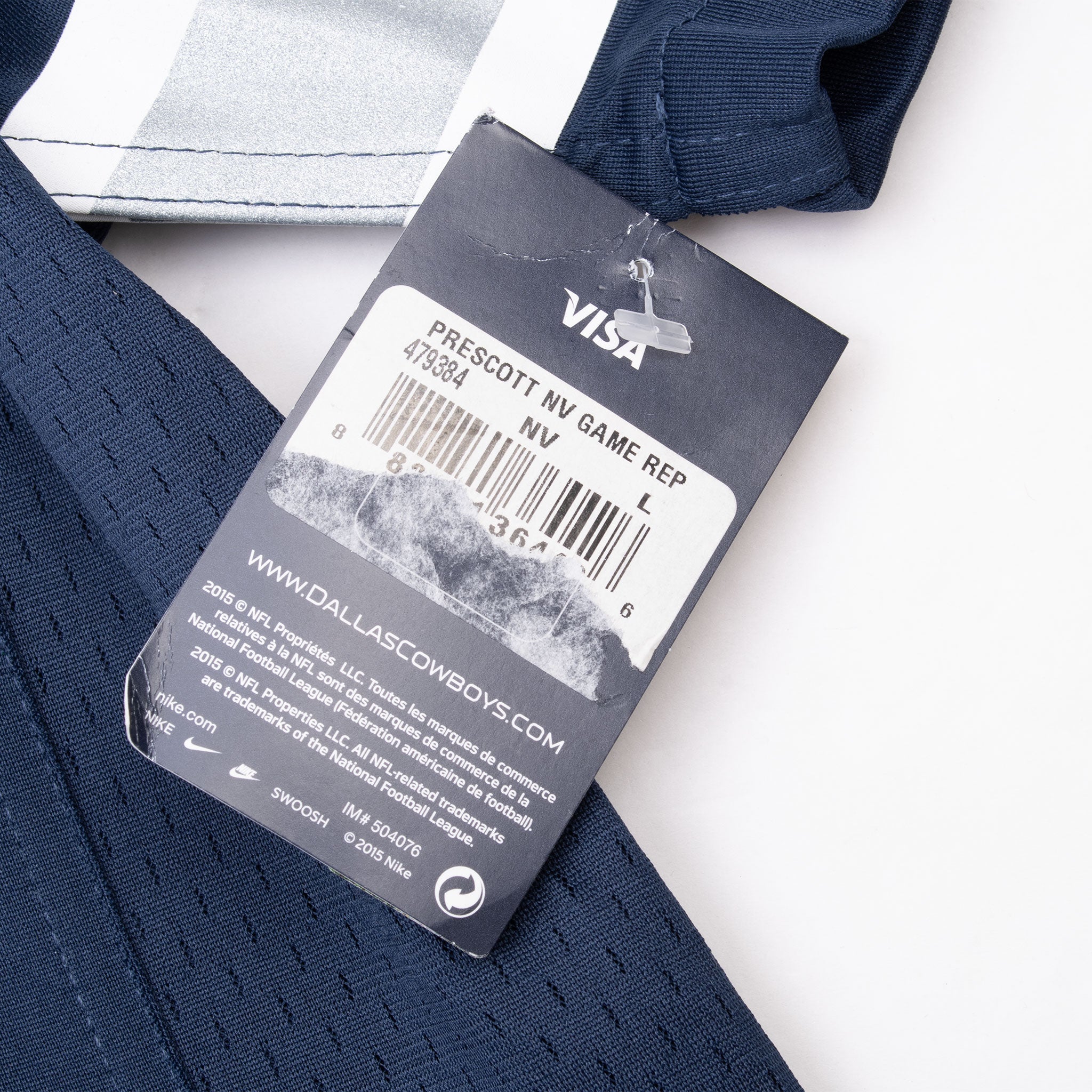 VISA retail hangtag for Prescott NFL game jersey, size large