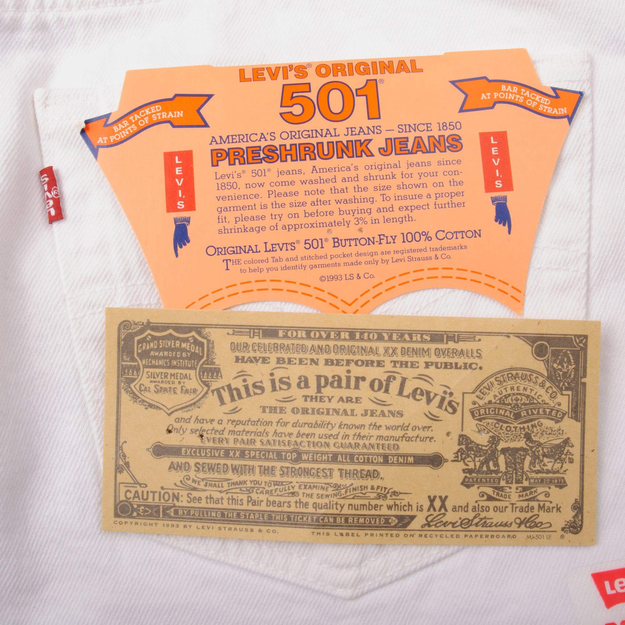 Beautiful White Levis 501 Jeans 1993 Made in USA. Size on Tag 33X32 Back Button #524