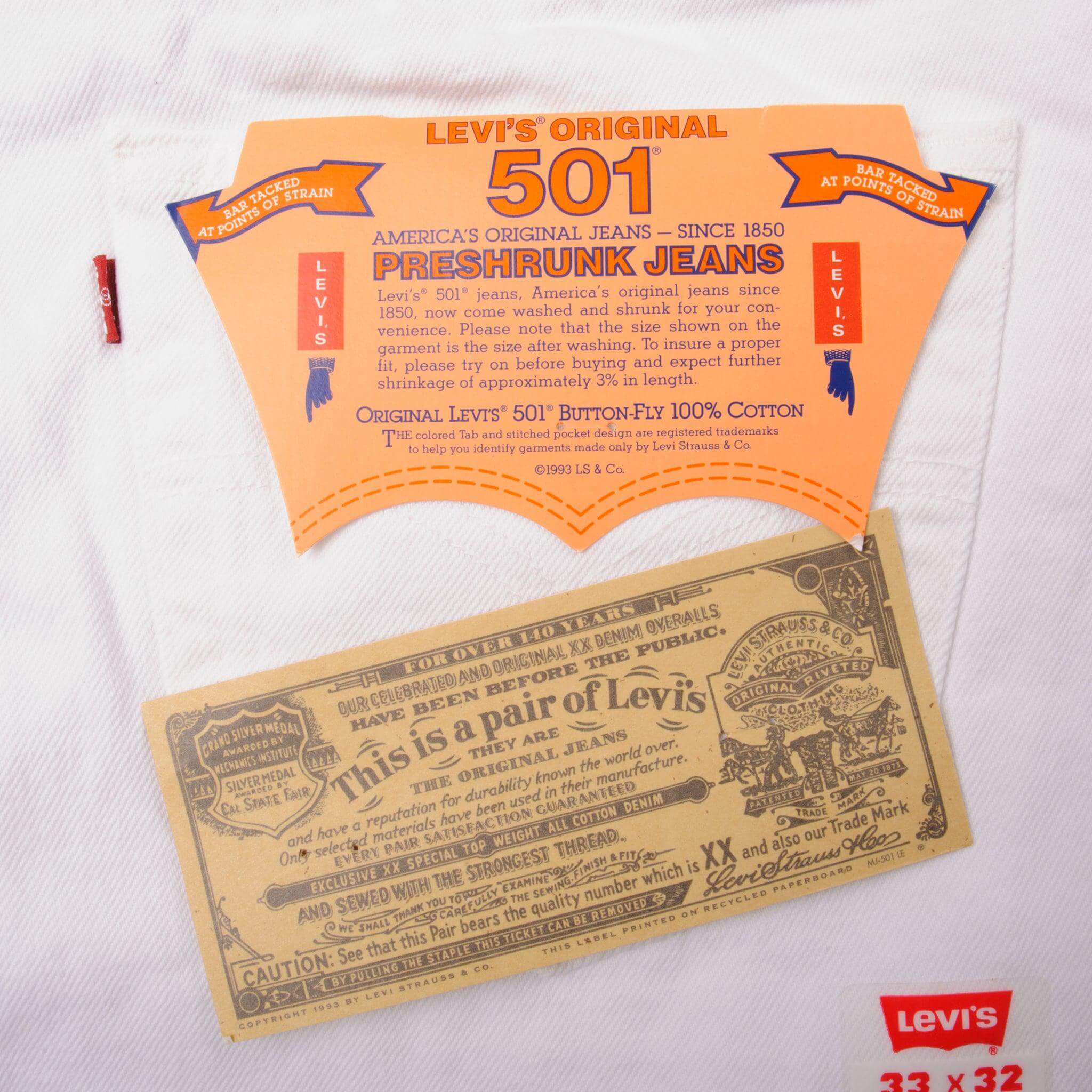 Beautiful White Levis 501 Jeans 1993 Made in USA. Size on Tag 33X32 Back Button #524