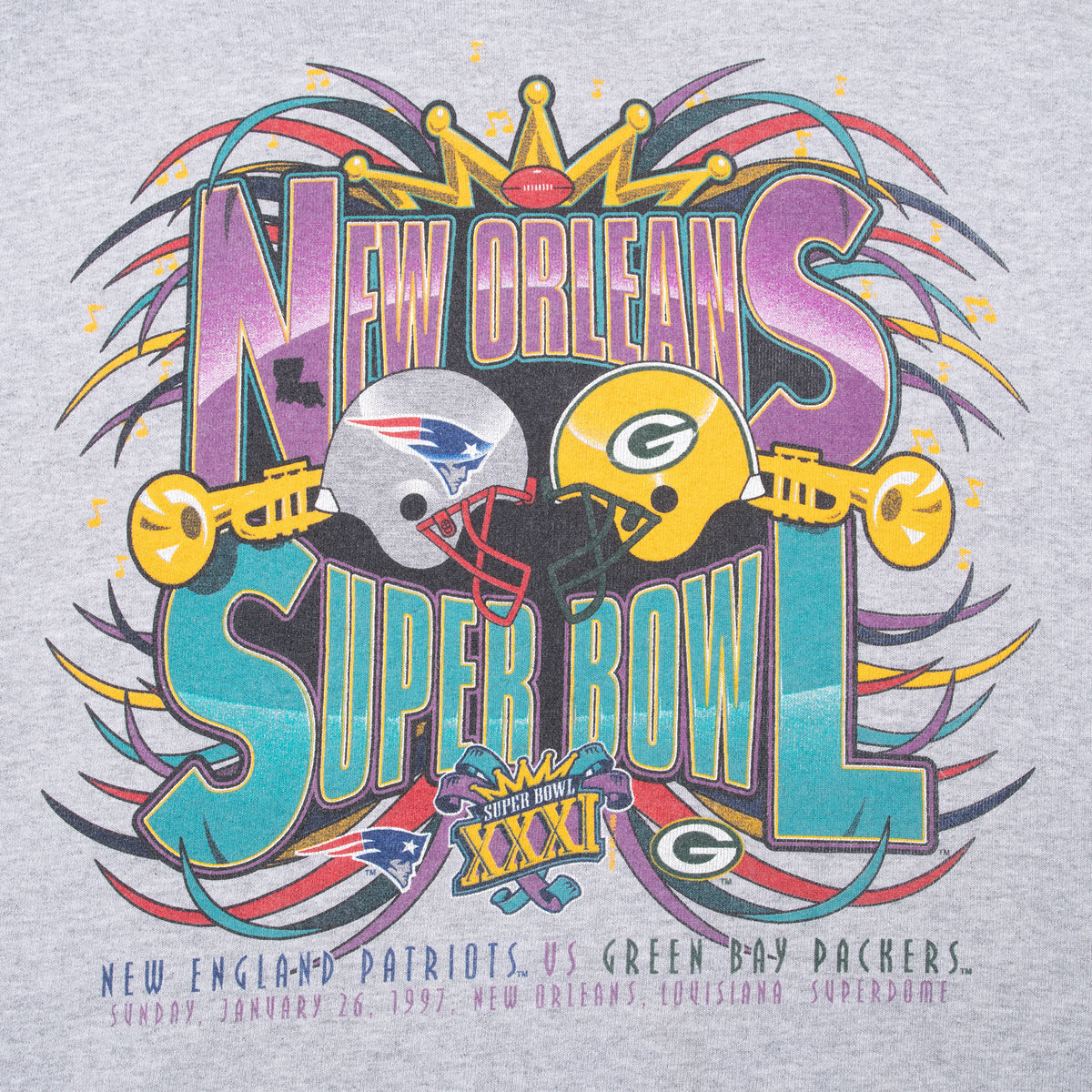 Super Bowl XXXI graphic with Packers and Patriots helmets, New Orleans lettering and trumpets