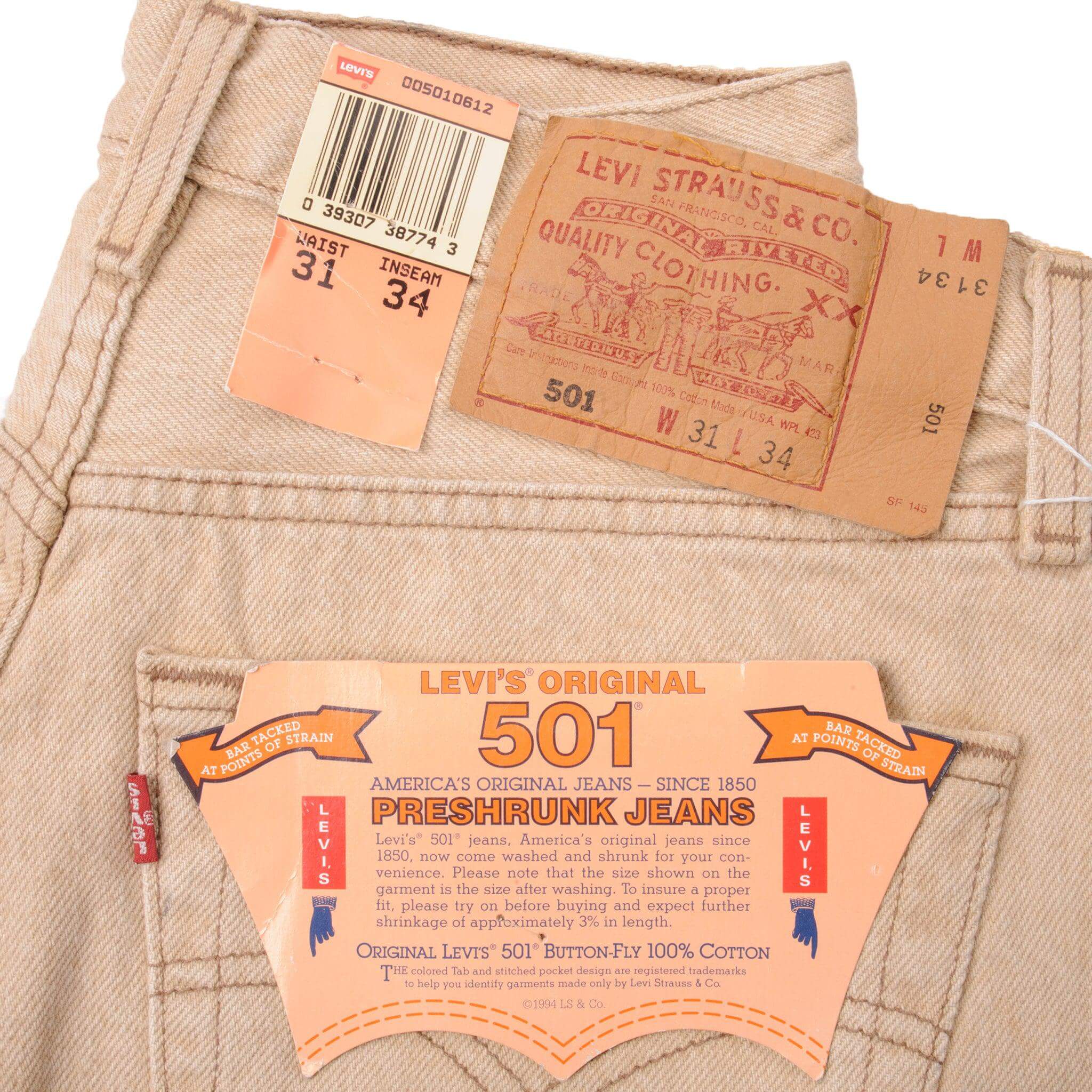 Beautiful Beige Levis 501 Jeans 1994 Made in USA. Size on Tag 30X32 Back Button #524