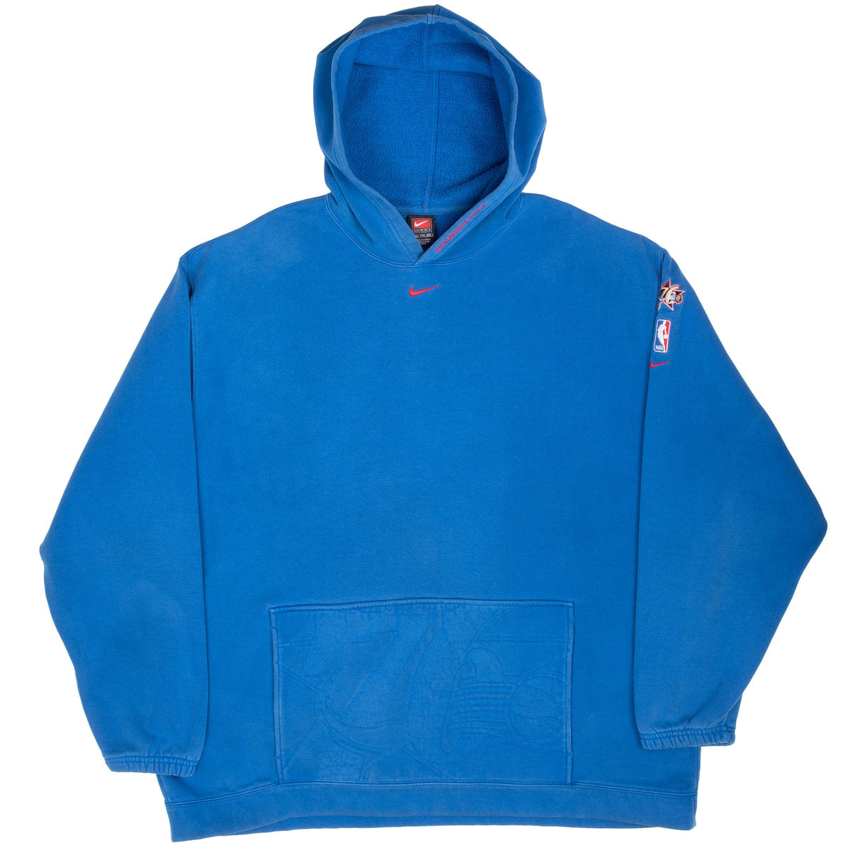 Full front view of blue Nike Philadelphia Sixers hoodie with kangaroo pocket and sleeve logos