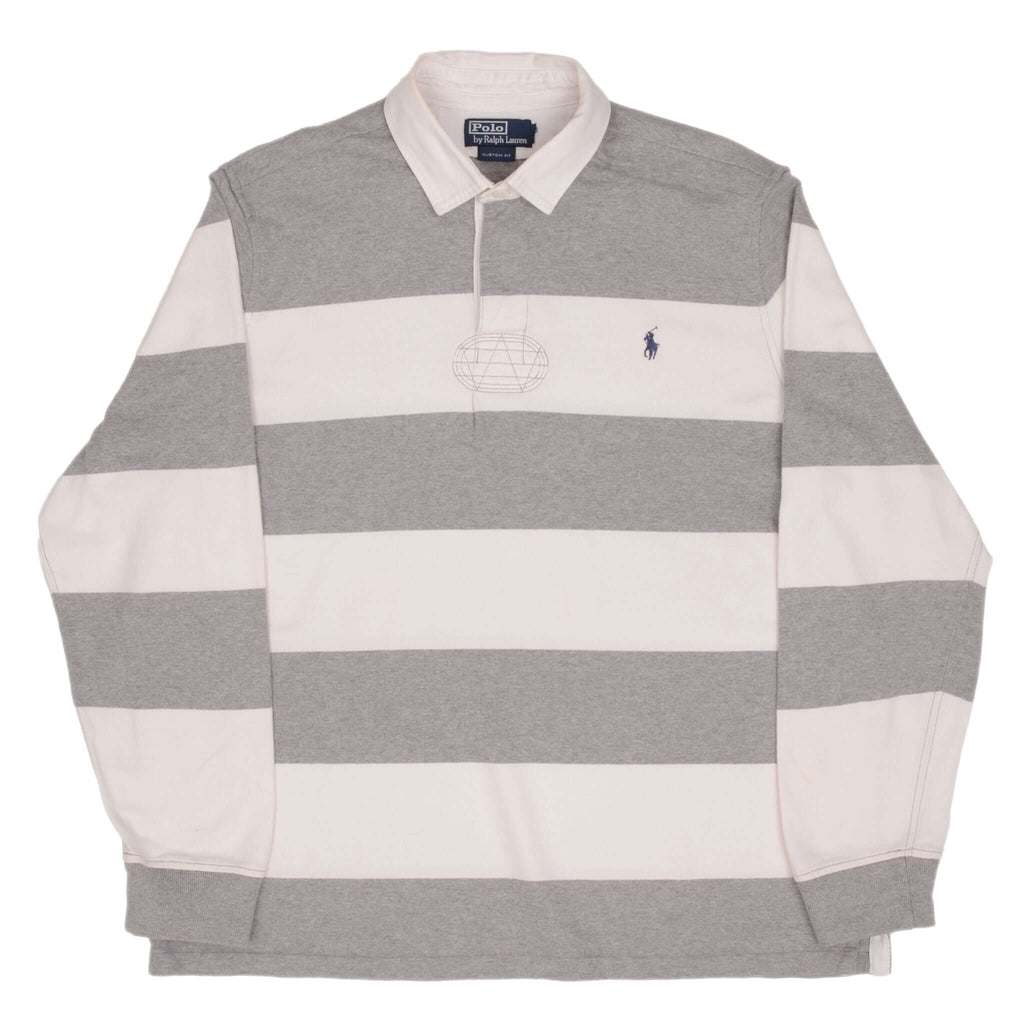 Vintage Ralph Lauren Grey & White Striped Rugby Polo Shirt 1990S Size XL