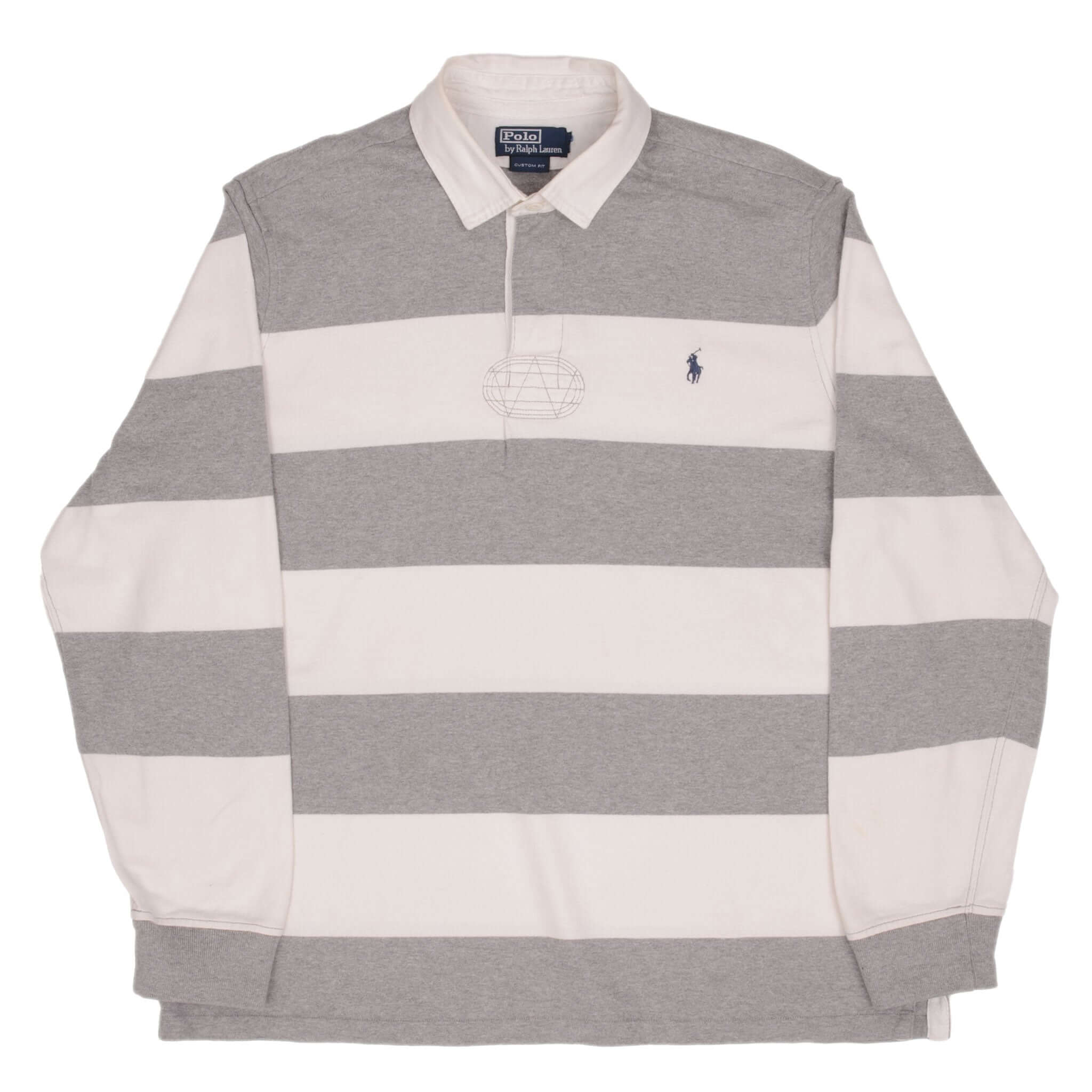 Vintage Ralph Lauren Grey & White Striped Rugby Polo Shirt 1990S Size XL