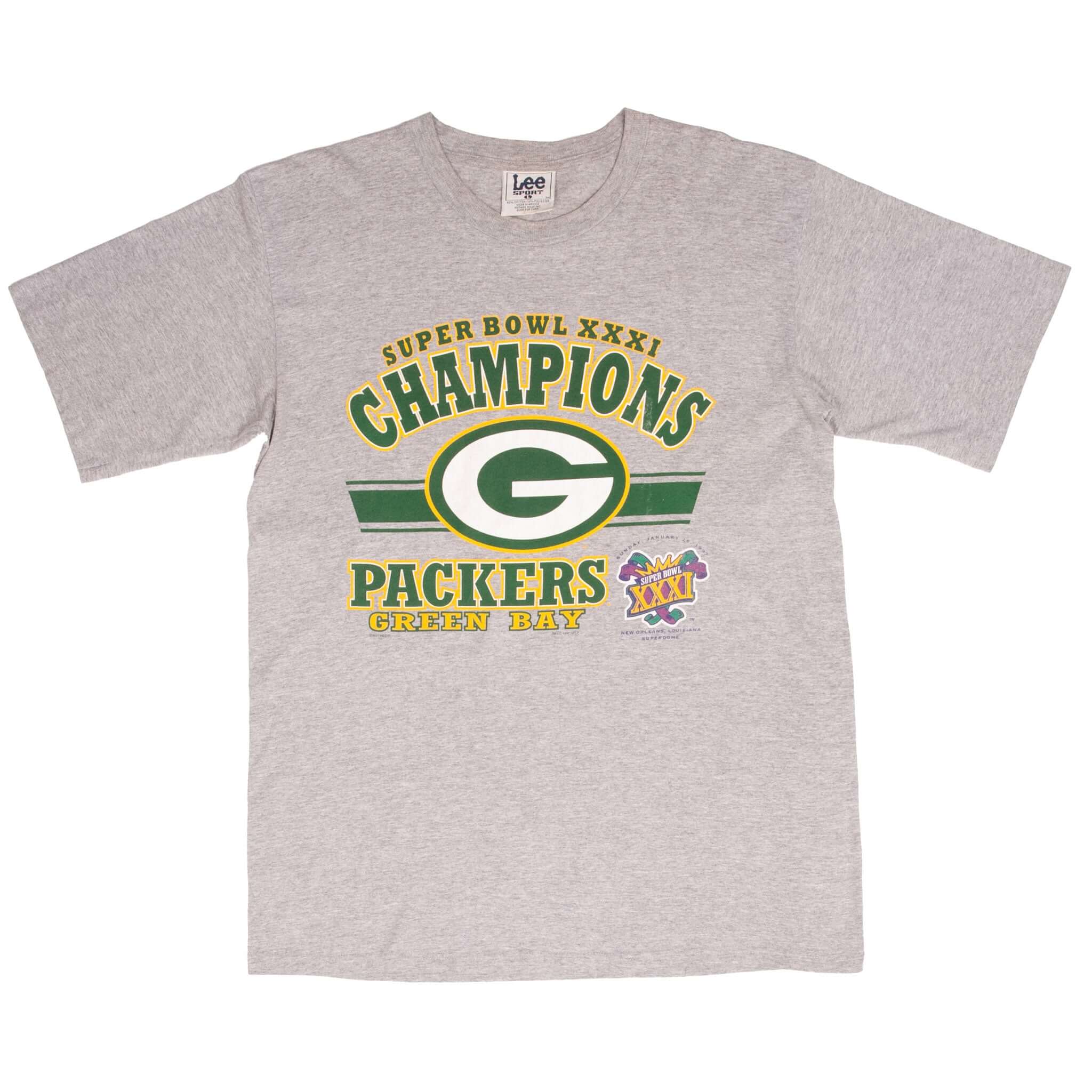 Full front view of gray Green Bay Packers Super Bowl XXXI Champions T-shirt