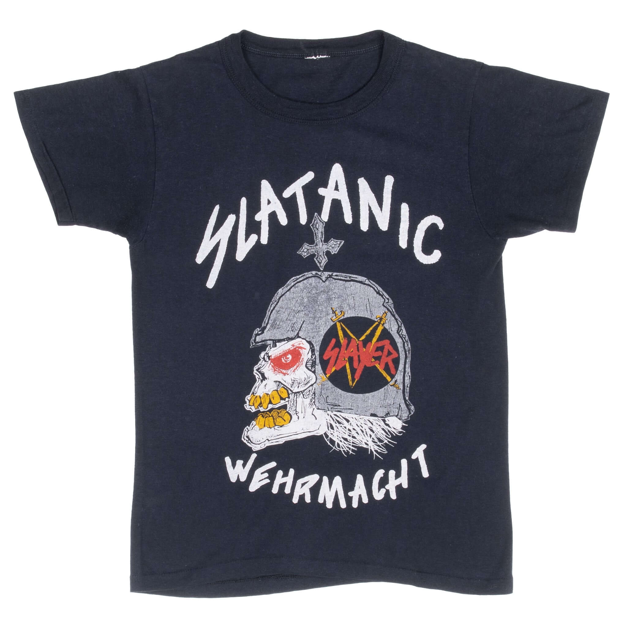 Vintage Slayer Slatanic Wehrmacht Tour 1985 Tee Shirt Size XS With Single Stitch Sleeves