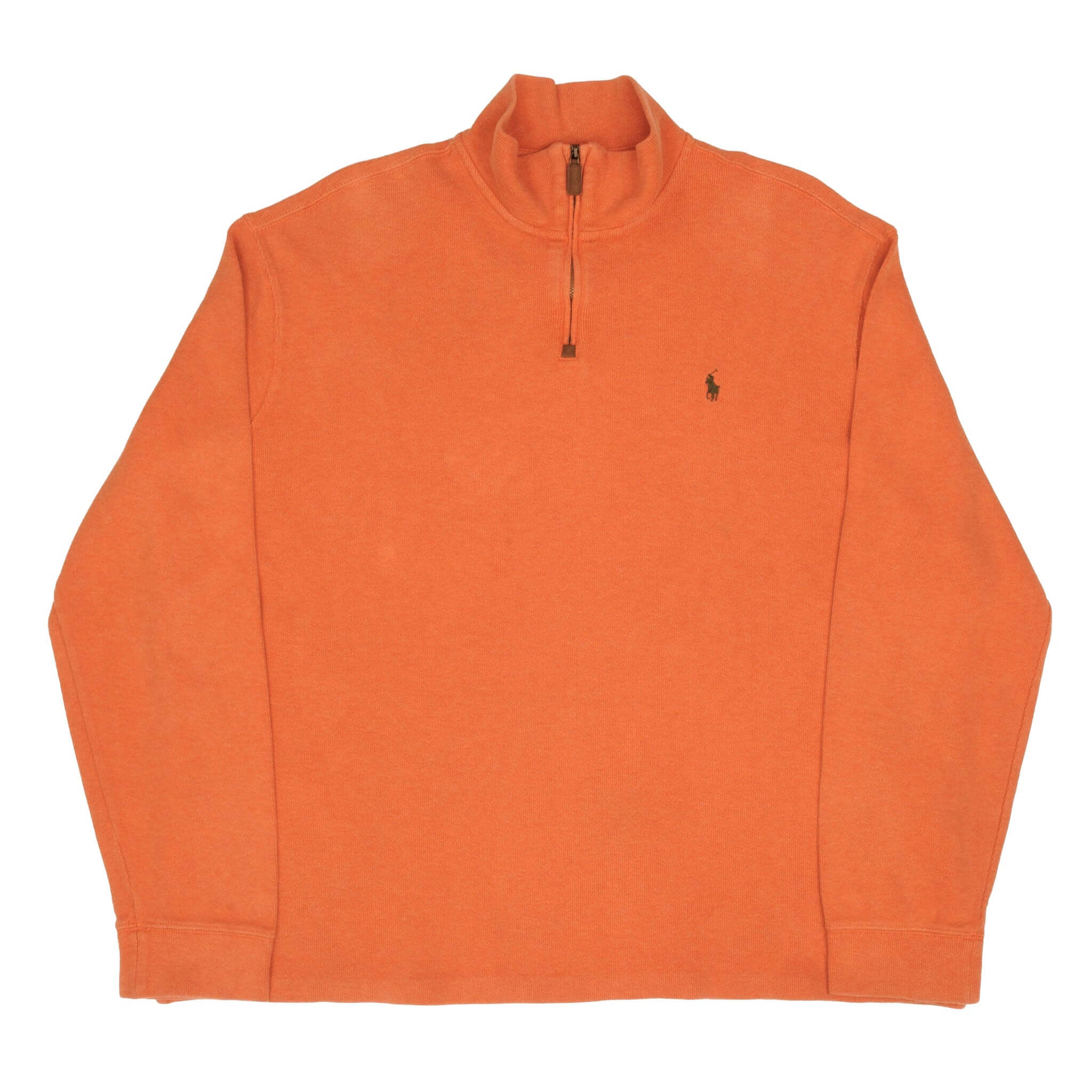 Full front view of orange Polo Ralph Lauren quarter-zip sweater