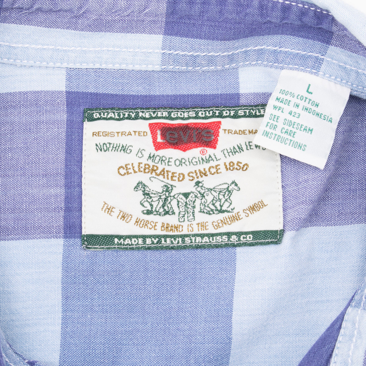 Close-up of Levi Strauss neck label and cotton care tag