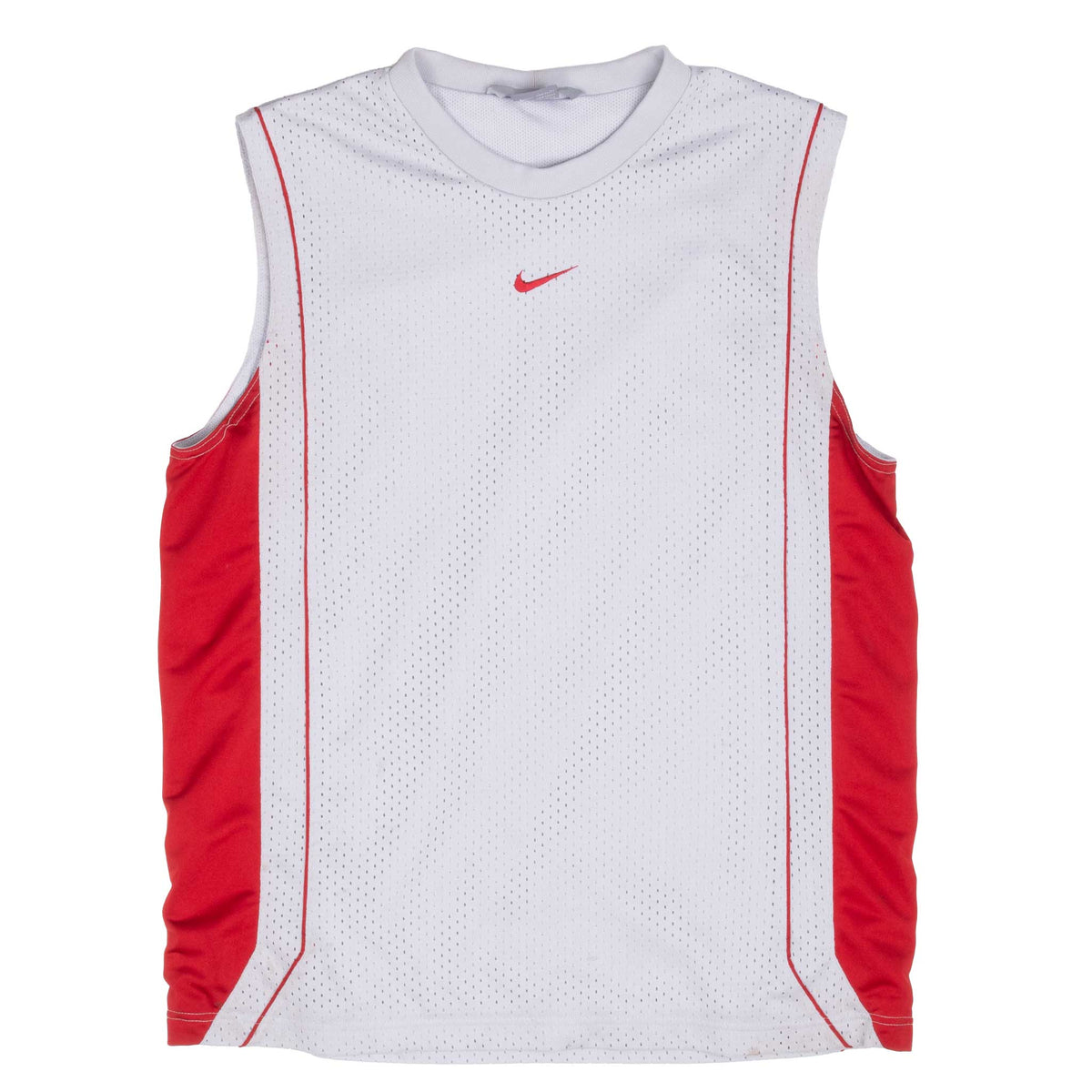 Front of grey Nike mesh basketball jersey with red side panels and Swoosh