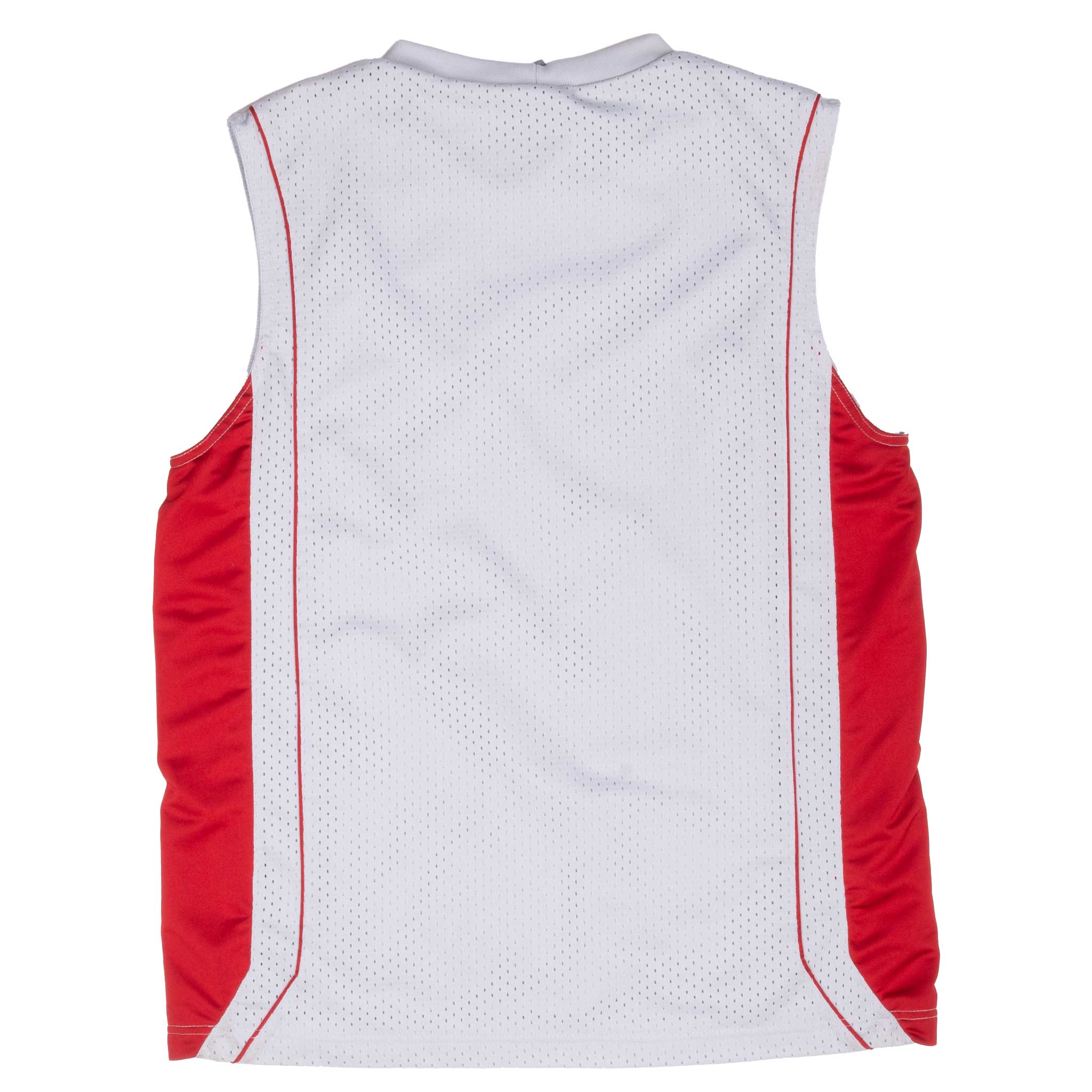 Back of grey Nike mesh basketball jersey with red side panels and piping