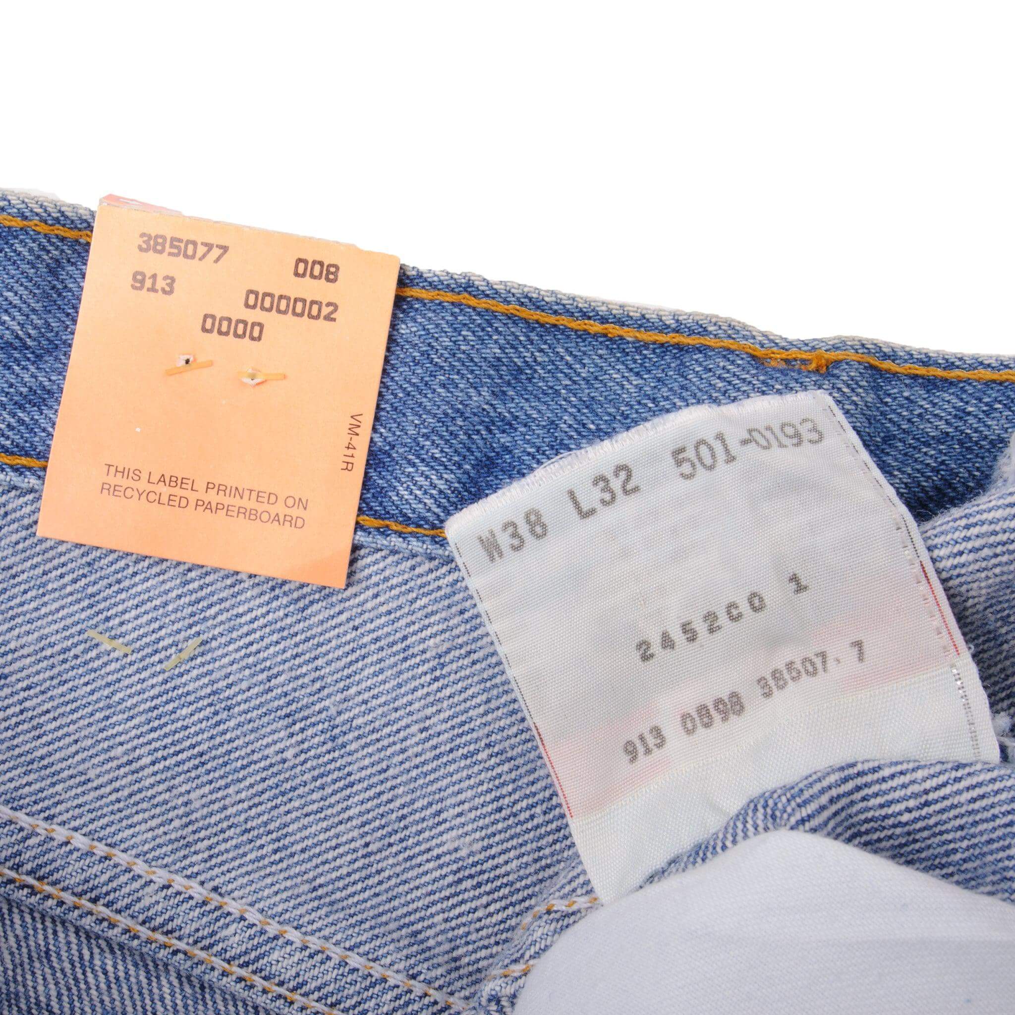 Beautiful Blue Levis 501 Jeans 1993 Size on Tag 38X32 Back Button #913