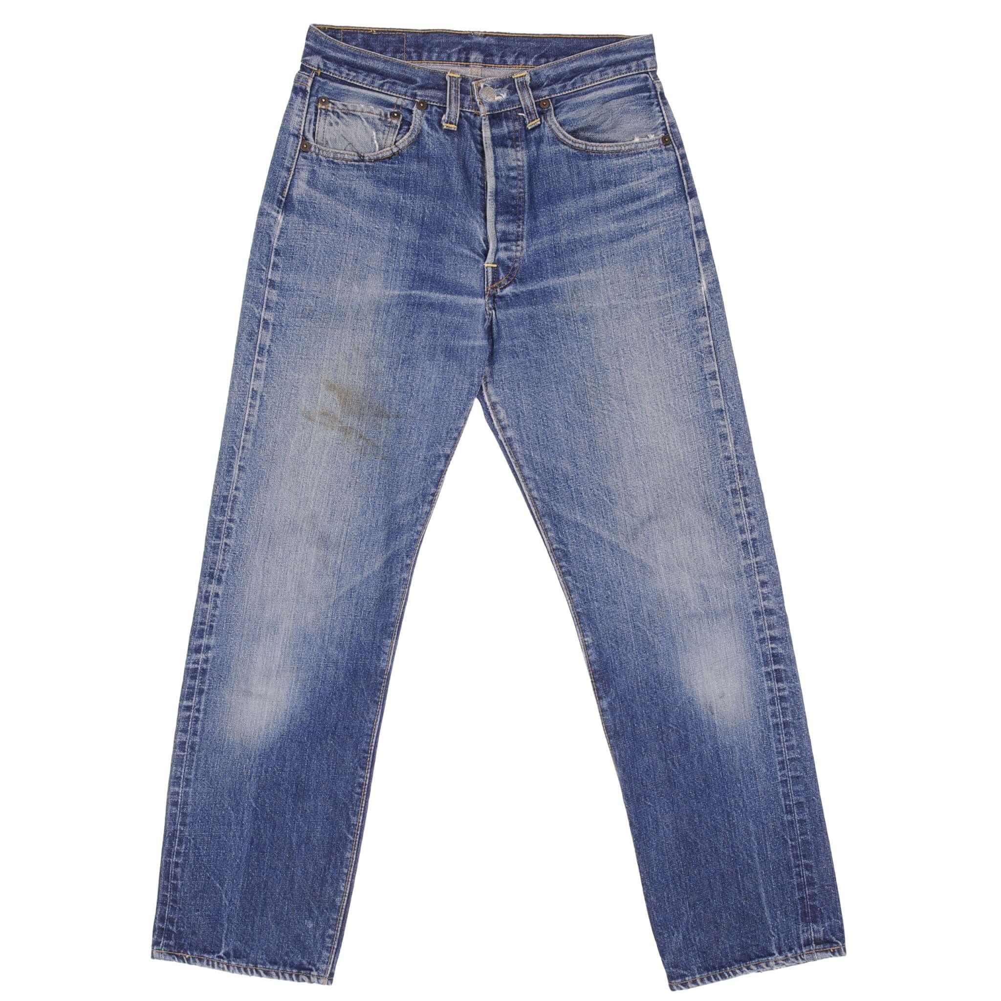 Beautiful Indigo Levis 501 Jeans with Redline and Big E 1970S Made in USA. AMAZING WASH with a medium blue wash, a nice contrast of light and medium blue with light whiskers. SIZE ON TAG 30X31 ACTUAL Size 29x28 Back Button #6