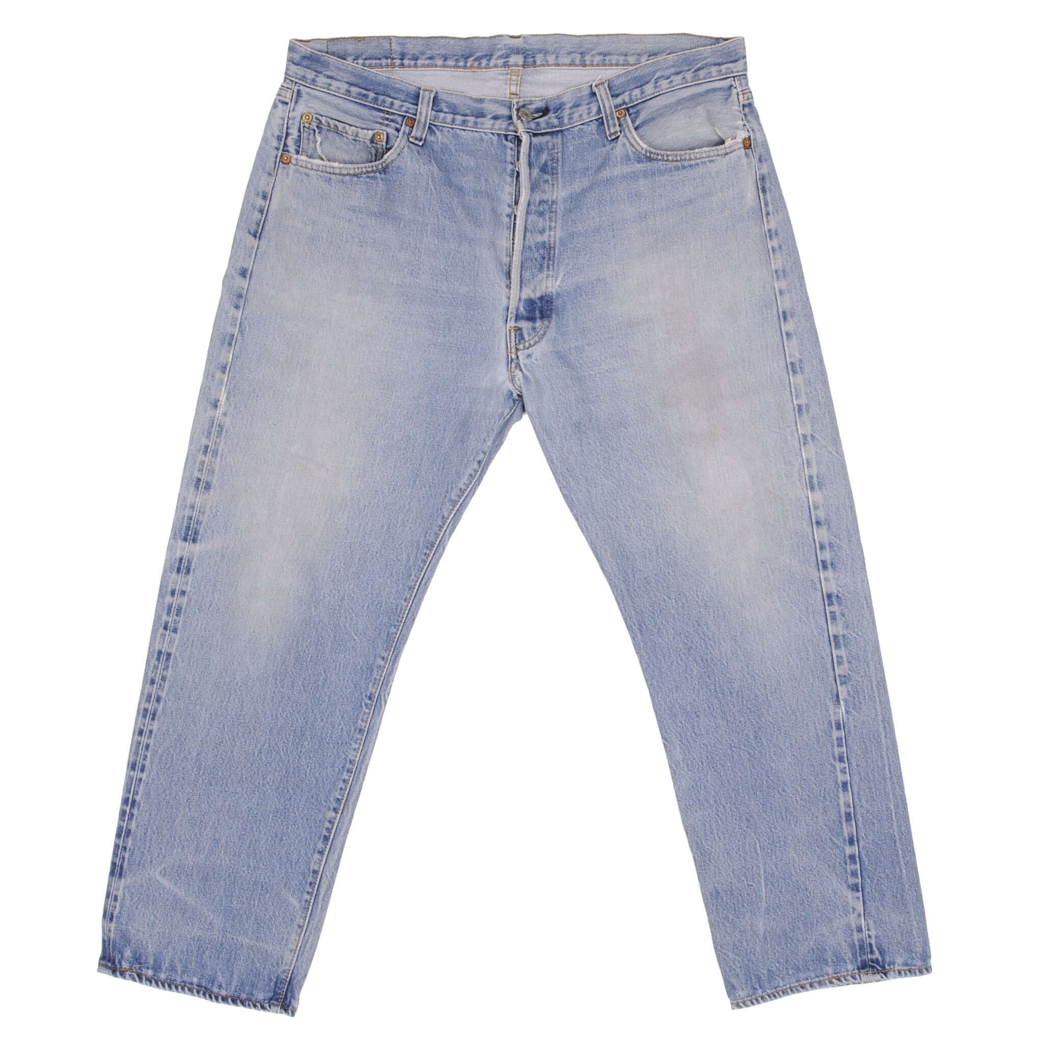 Beautiful Indigo Levis 501 Jeans with Redline 1970S Made in USA. Amazing Wash with a light blue wash, a nice contrast of light and medium blue. Size On Tag 40X30 Actual Size 38X27 Back Button #6