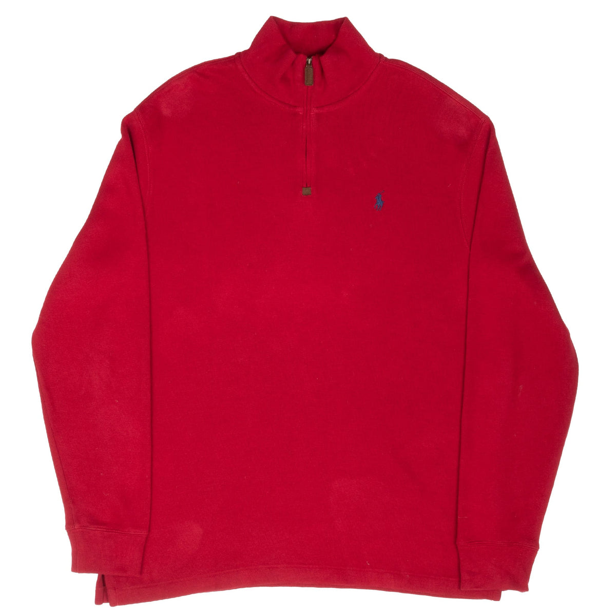 Full front view of red Polo Ralph Lauren quarter-zip sweater with long sleeves
