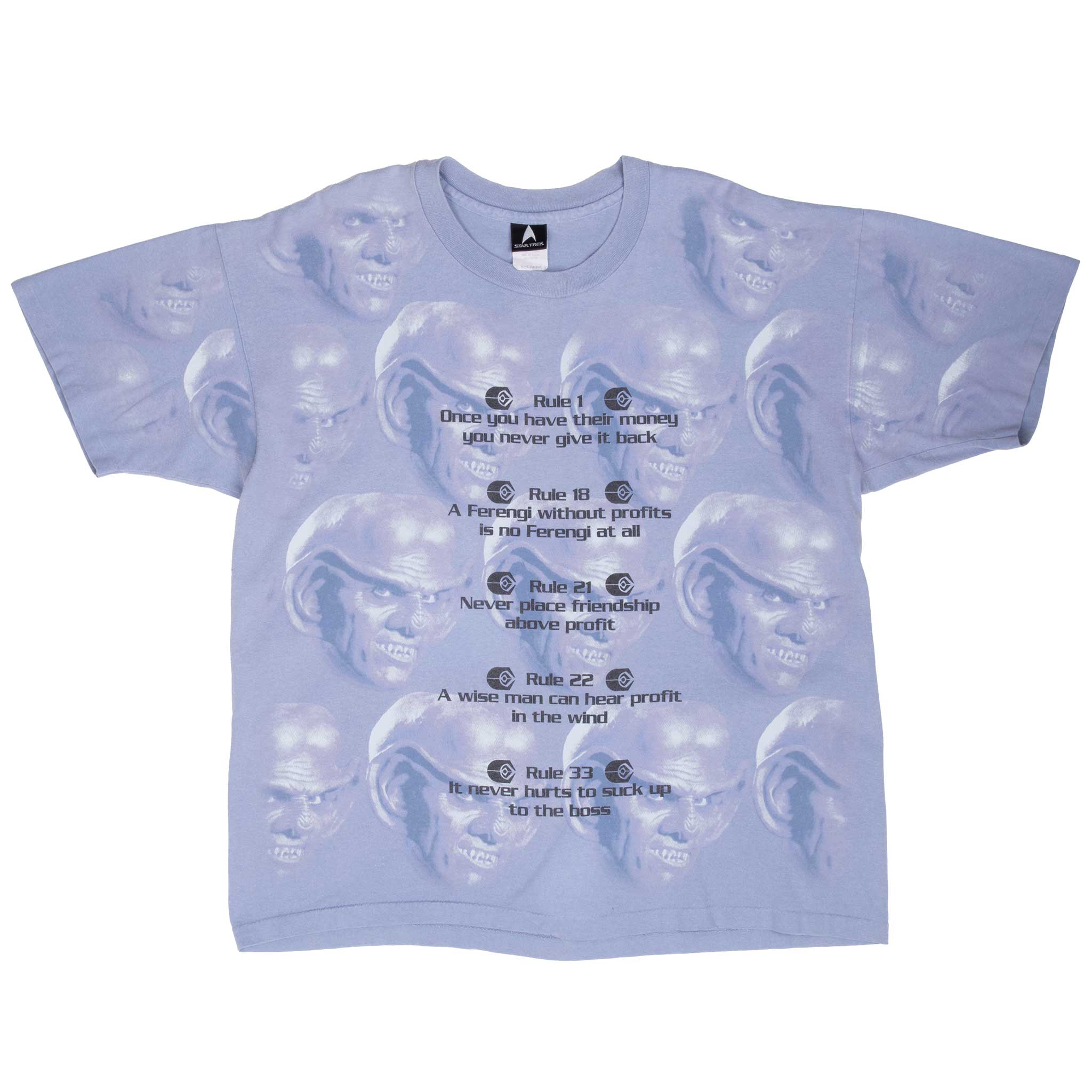 Vintage Star Trek Roles Of Acquisition All Over Print Tee Shirt 1990S Size Xl Made In Usa With Single Stitch Sleeves