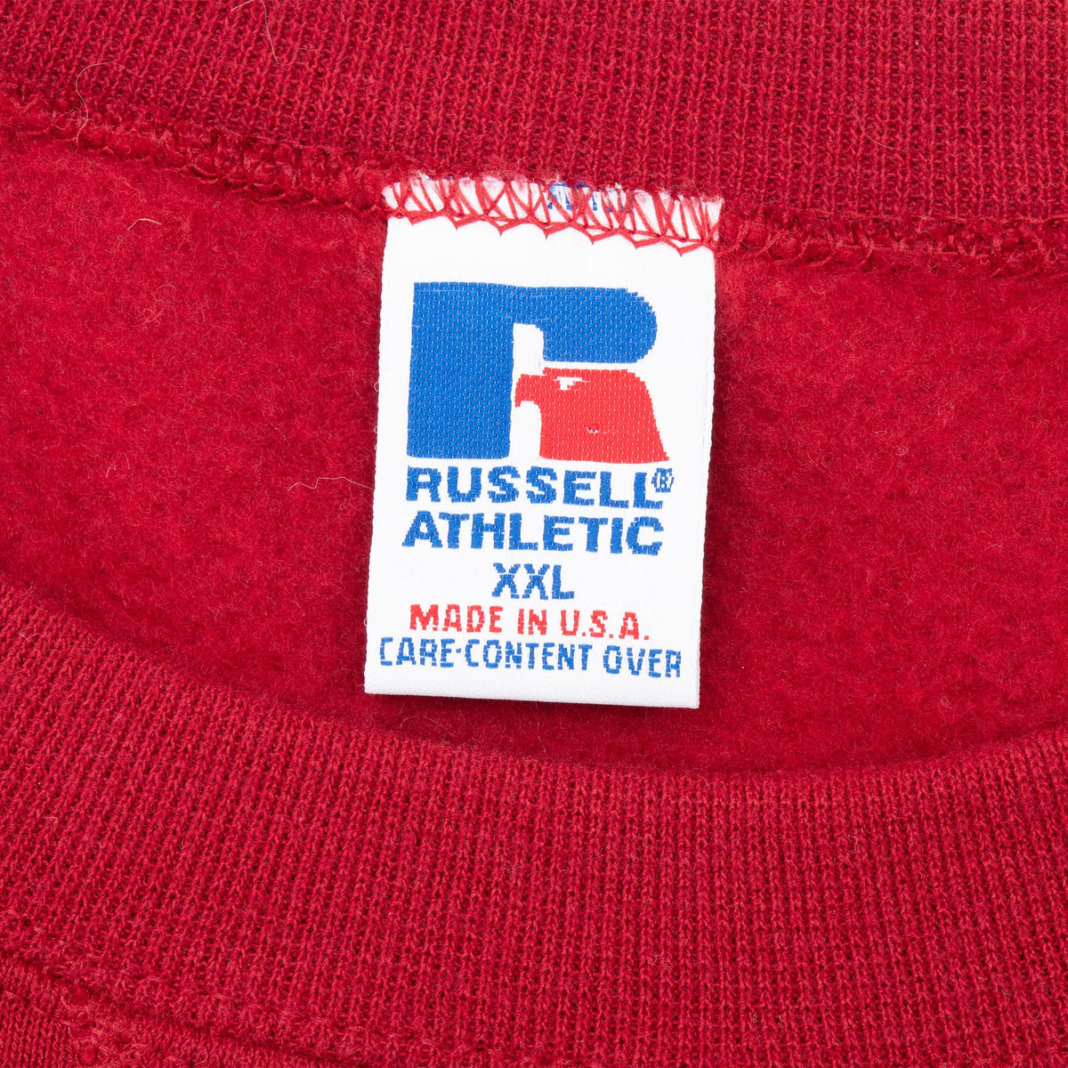Russell Athletic XXL neck label inside red sweatshirt