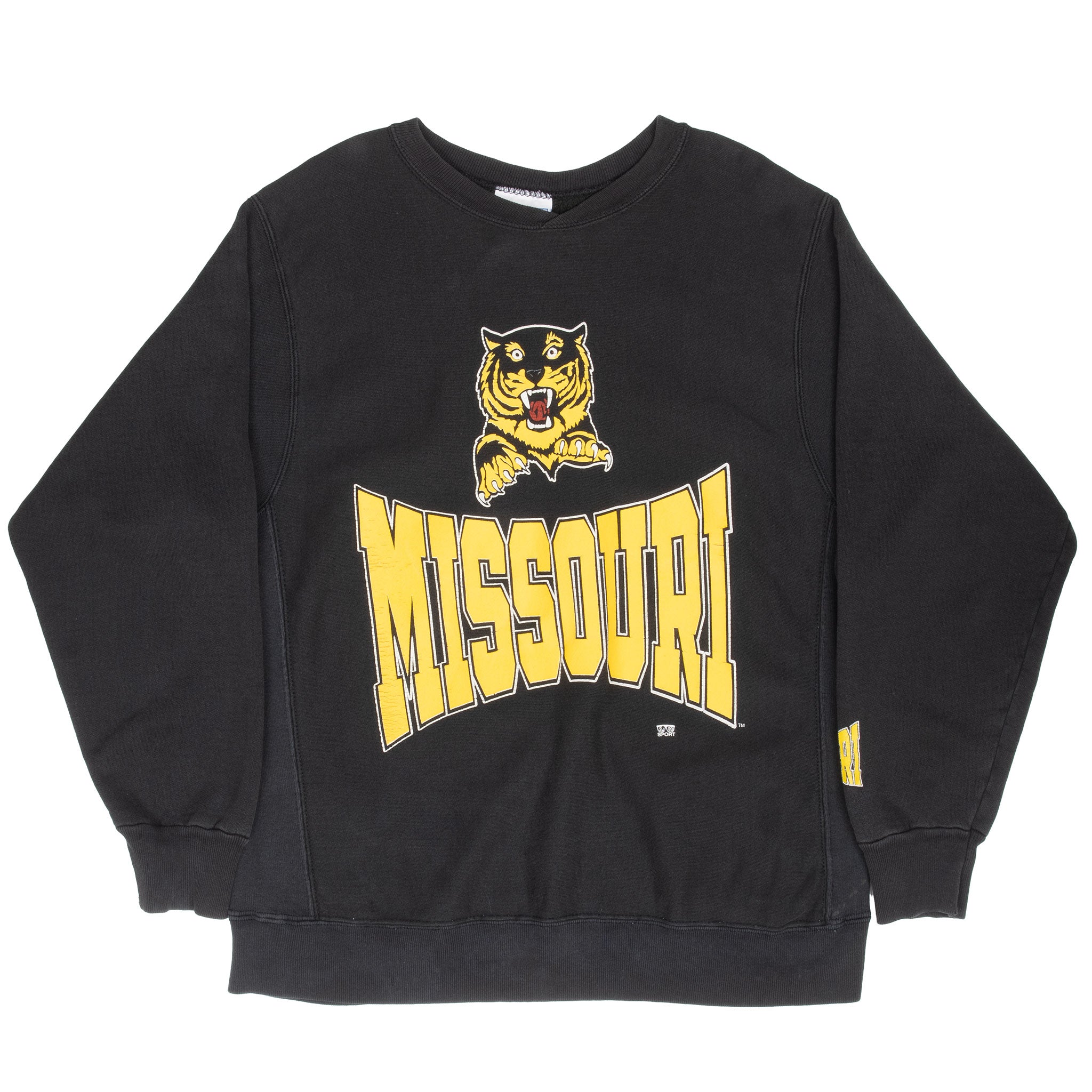 Full front view of black Missouri Tigers sweatshirt with yellow tiger and Missouri print