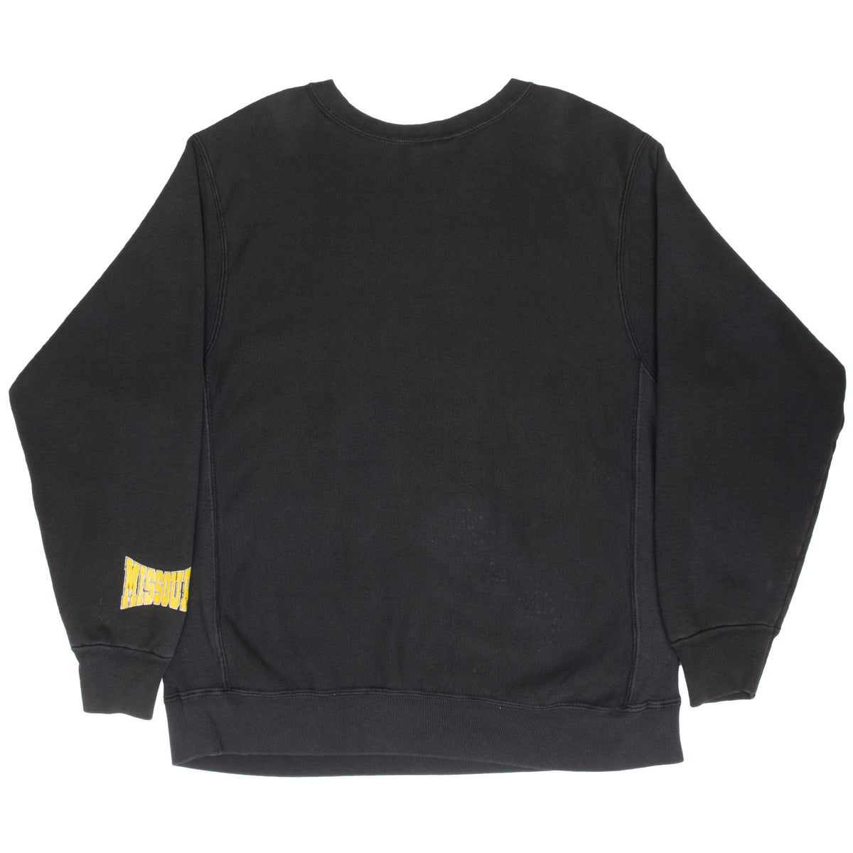 Back of black Missouri Tigers sweatshirt with plain body and yellow sleeve print
