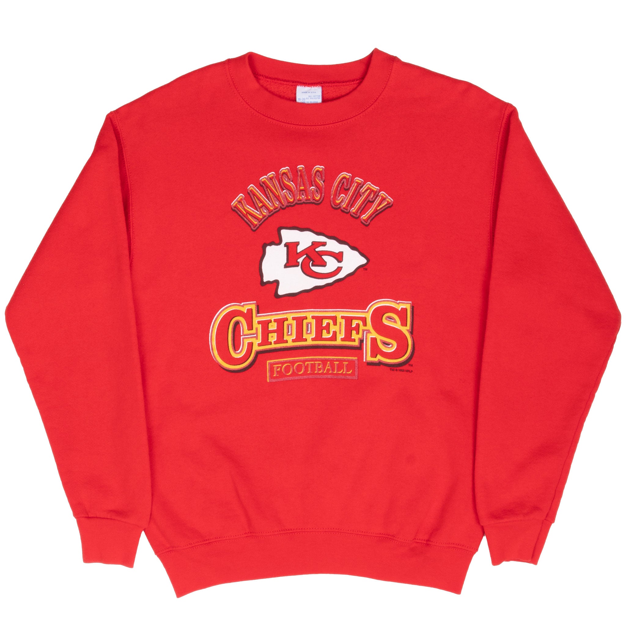 Full front view of red Kansas City Chiefs crewneck sweatshirt with team graphic