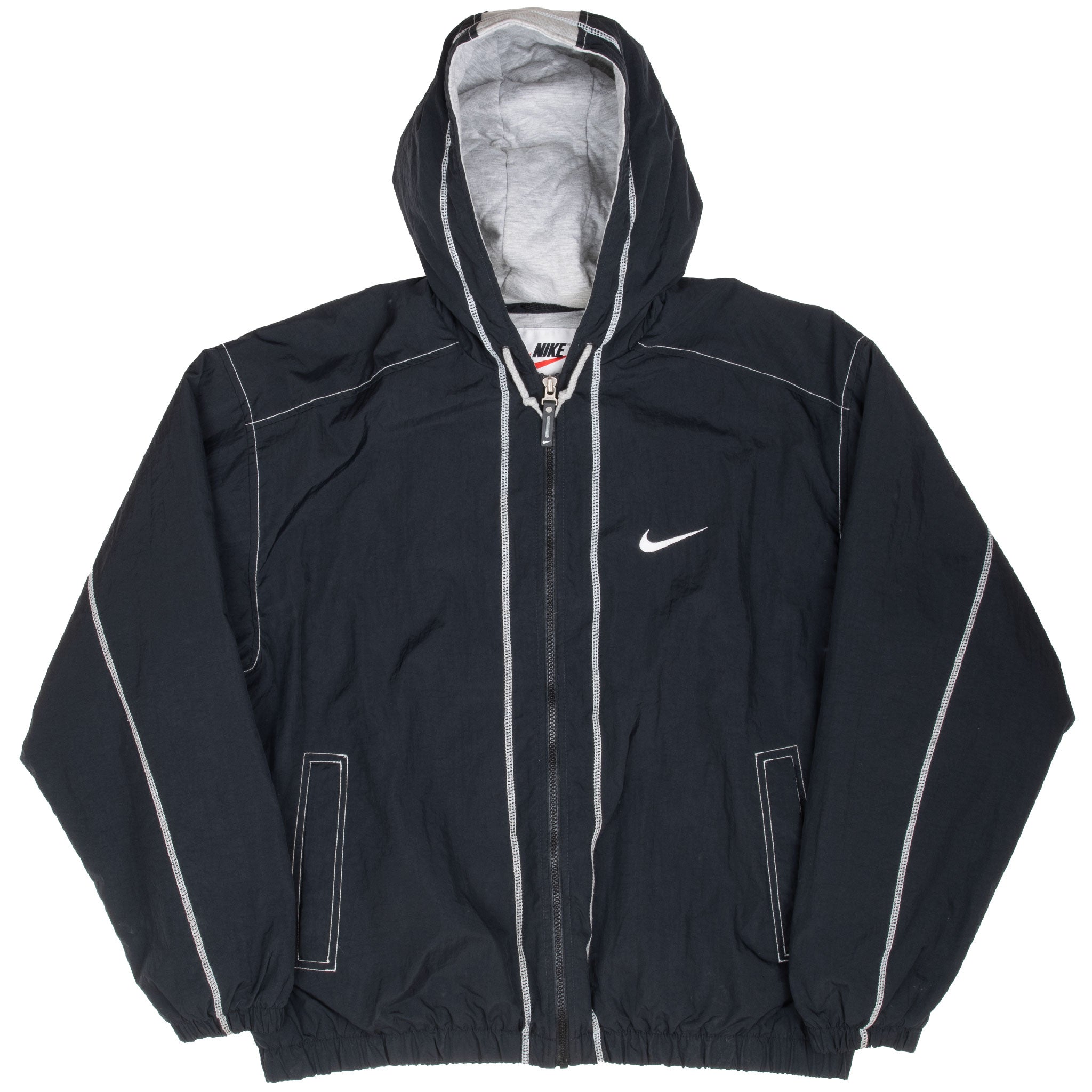 Vintage Nike Big Swoosh Black Hooded Windbreaker Jacket 1990S Size Large
